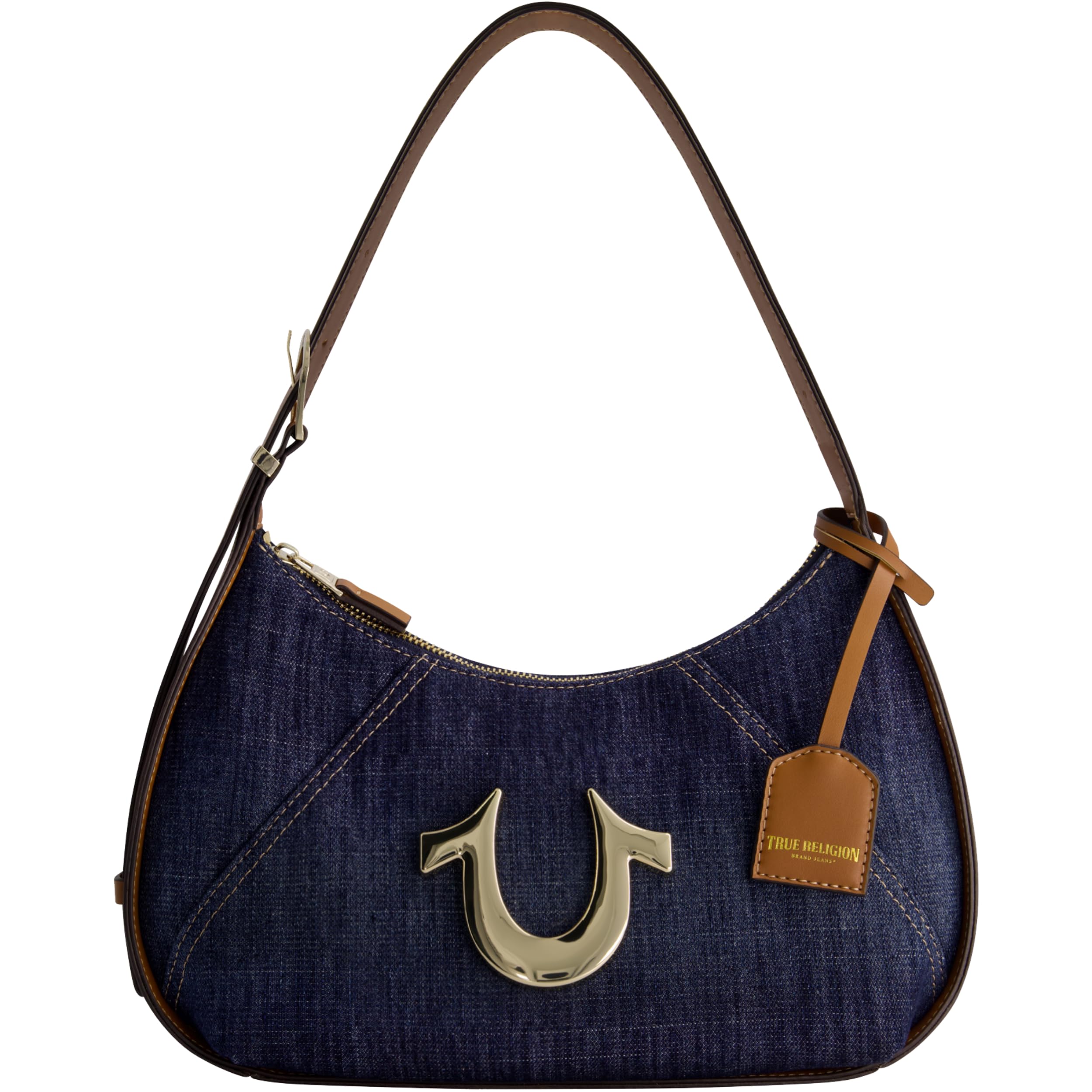 True Religion Women's Denim Hobo Shoulder Bag with Adjustable Strap & Horseshoe Logo - Stylish Crossbody Purse for Everyday Use, Shopping, and Travel
