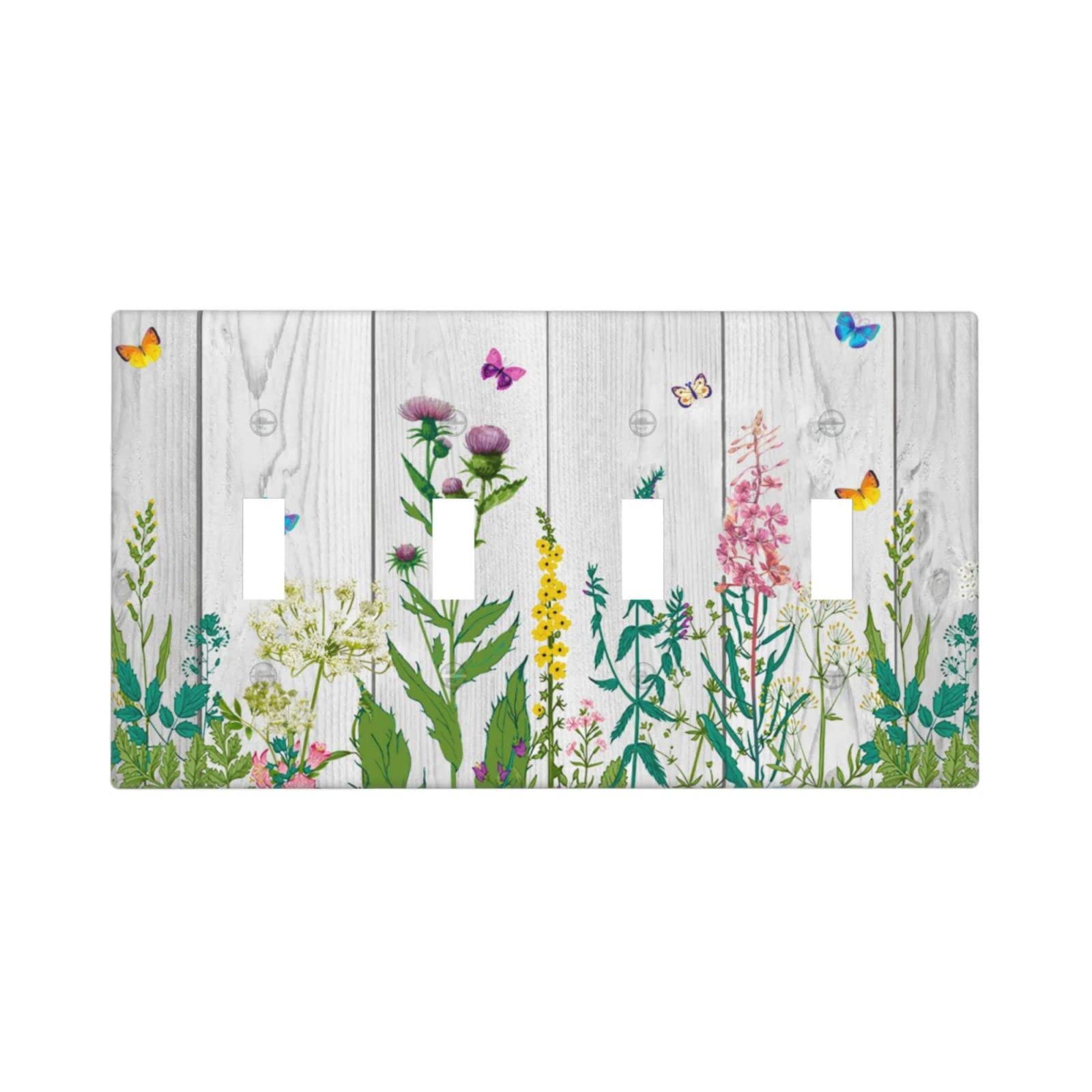 Rustic Floral Wildflower Light Switch Cover - Farmhouse Decorative Wall Plate for Kitchen, Bedroom, Office - Quad Toggle Butterfly Design - 8 x 4.5 x 0.2 Inch - Perfect for Home Decor and Renovation Projects