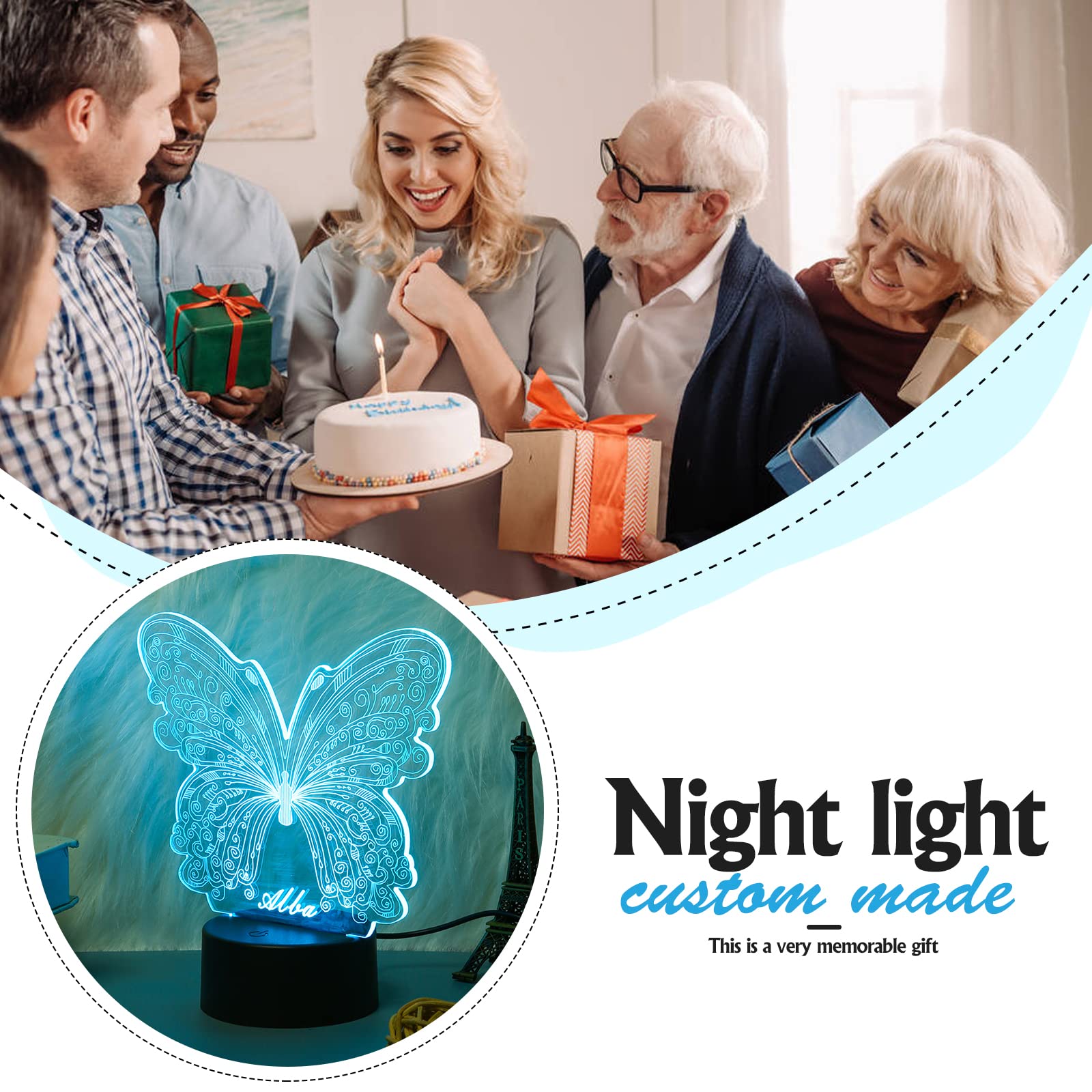 Personalized Butterfly Night Light with Custom Name - 3D Illusion USB Touch Desk Lamp for Bedroom Decor | Perfect Christmas Birthday Gift for Boys Girls | Great for Nursery Decor, Romantic Bedside Lighting & Kids Room Nightlight (Style 4)