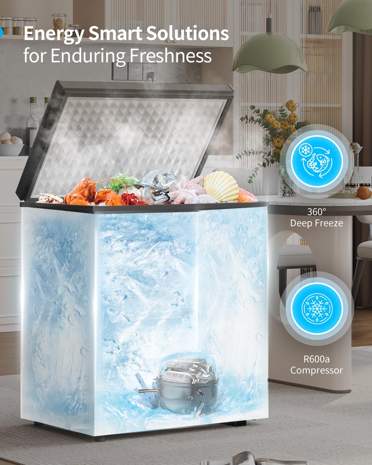 TABU 3.5 Cubic Feet Chest Freezer - Compact Top Open Deep Freezer with Removable Basket, 7-Level Adjustable Thermostat, Freestanding Design (Black) - Perfect for Home, Garage, Basement, or Small Business Storage