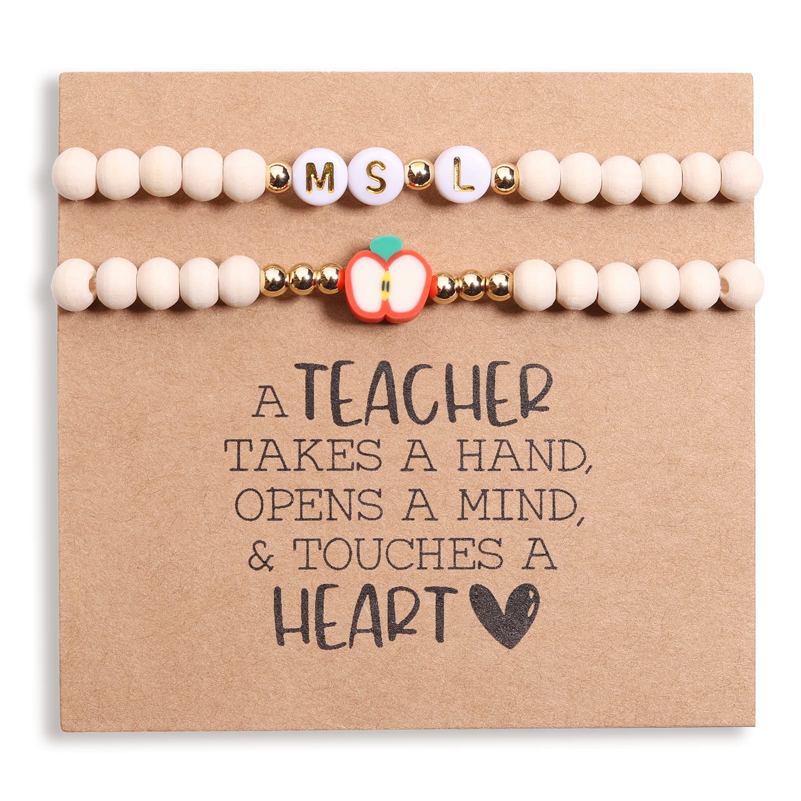 Personalized Teacher Bracelet for Women - 2 Pcs Custom Initial Bracelets (Mrs/Miss/Ms) - Teacher Appreciation Gifts from Students & Friends - Thank You TEACH Jewelry Gift Set with Card - Perfect for Teacher's Day, End of Year, Retirement & Special Occasions