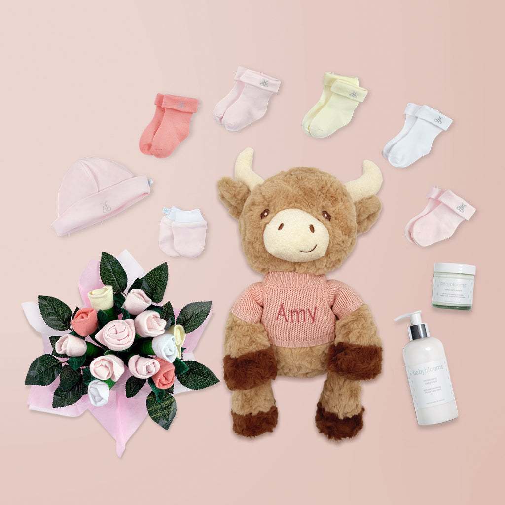 Personalized Pink Harriet Highland Cow Welcome Baby Gift Hamper - Perfect for Newborn Gifts, Baby Showers & Nursery Decor
