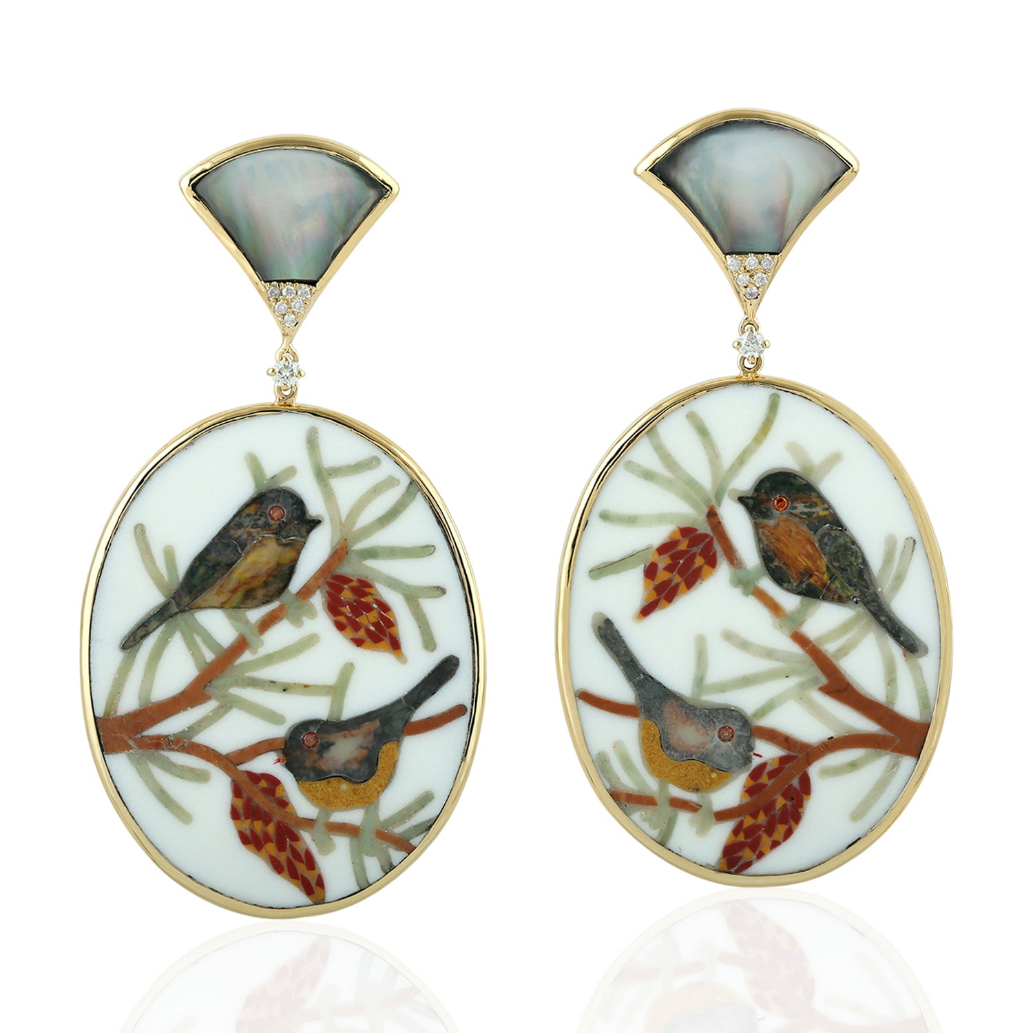 18K Yellow Gold Carved Mother of Pearl Bakelite Prong Set Bird Design Dangle Earrings - Perfect for Weddings, Parties & Special Occasions