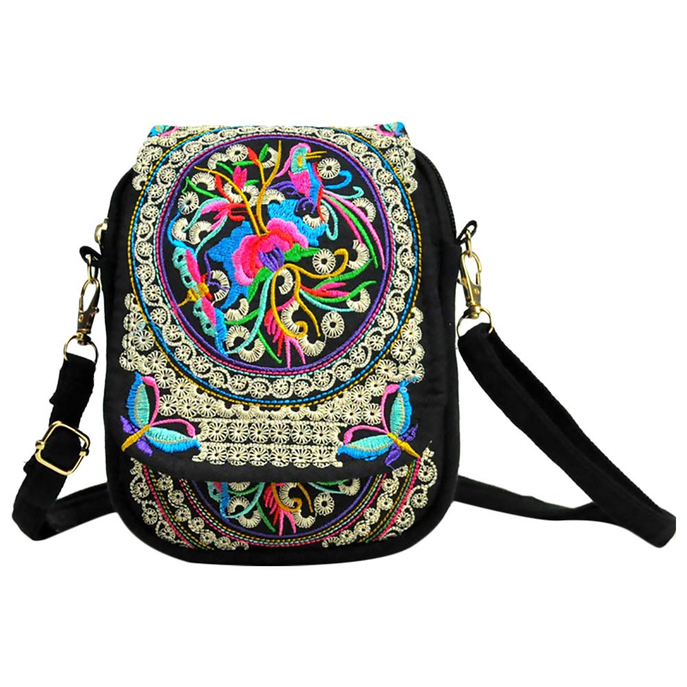 Vintage Bohemian Crossbody Bag for Women - Floral Embroidery Canvas Shoulder Bag, Phone Pouch & Headset Holder - Perfect for Travel, Shopping & Casual Outings