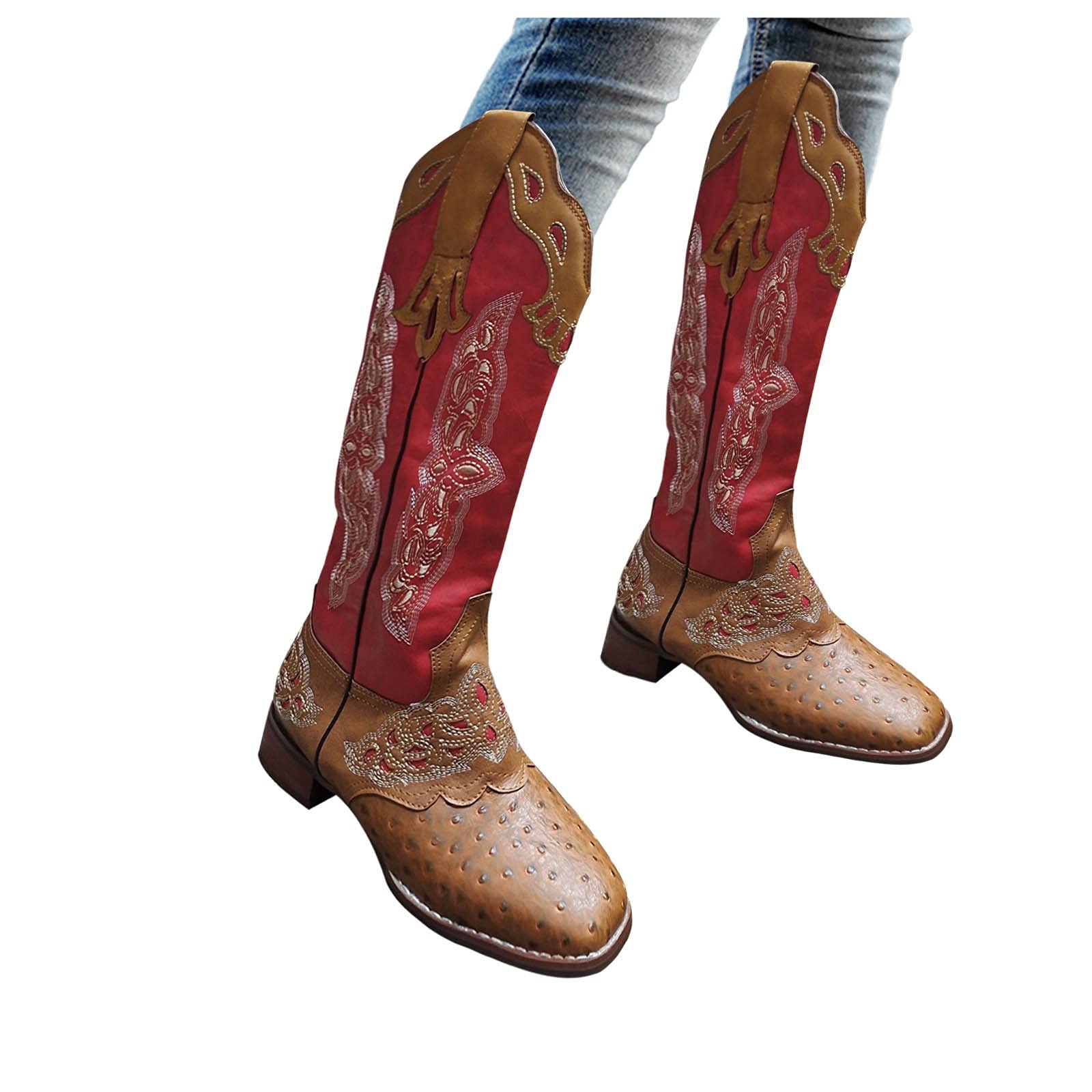 **Women's Knee High Cowboy Boots - Wide Calf Western Embroidered Retro Pointed Toe Boots | Comfortable Low Heel Cowgirl Boots for Casual Wear, Rodeo & Country Style**    *(Perfect for Western Fashion, Rodeo Events, Country Dancing & Everyday Comfortable Wear)*