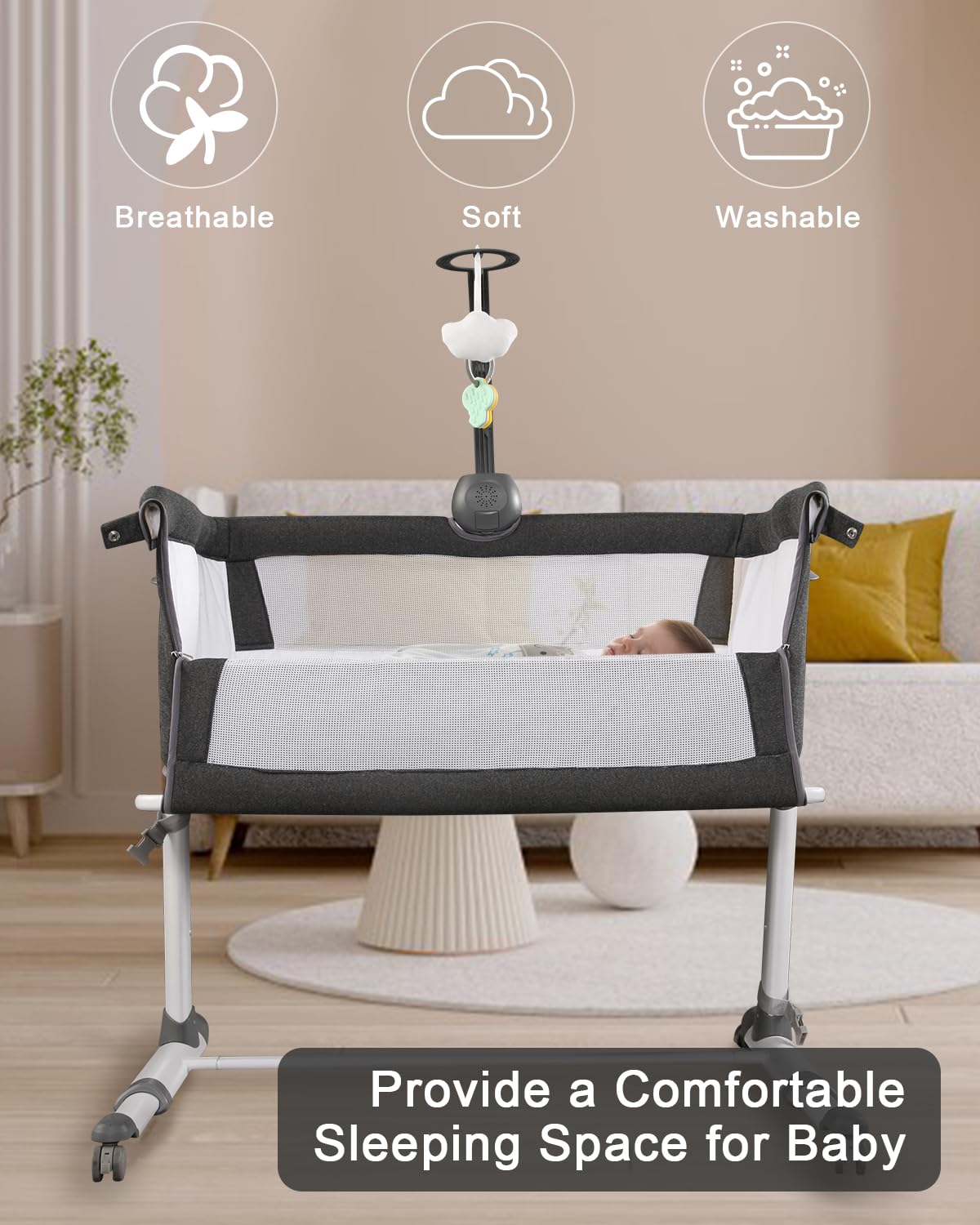 **Yacul Baby Bassinet with Wheels & Music Box - Adjustable Height, Breathable Mesh, Portable Bedside Crib Sleeper for Newborns - Dark Gray - Perfect for Nursery, Bedroom & Travel**