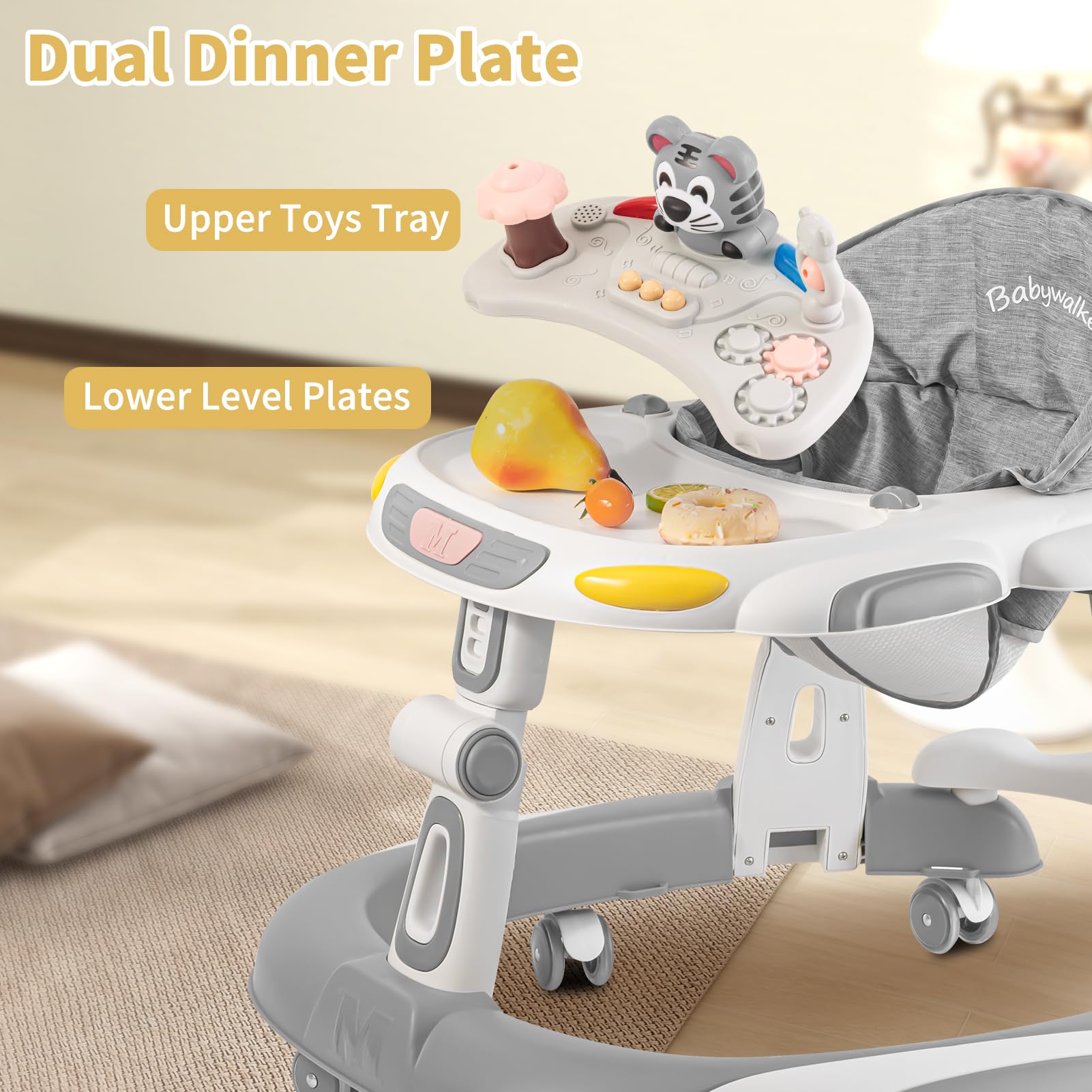 5-in-1 Adjustable Baby Walker with Wheels & Music Toys - Foldable Infant Activity Center for Boys & Girls 6-24 Months (Grey) - Perfect for Learning to Walk, Playtime & Early Development at Home