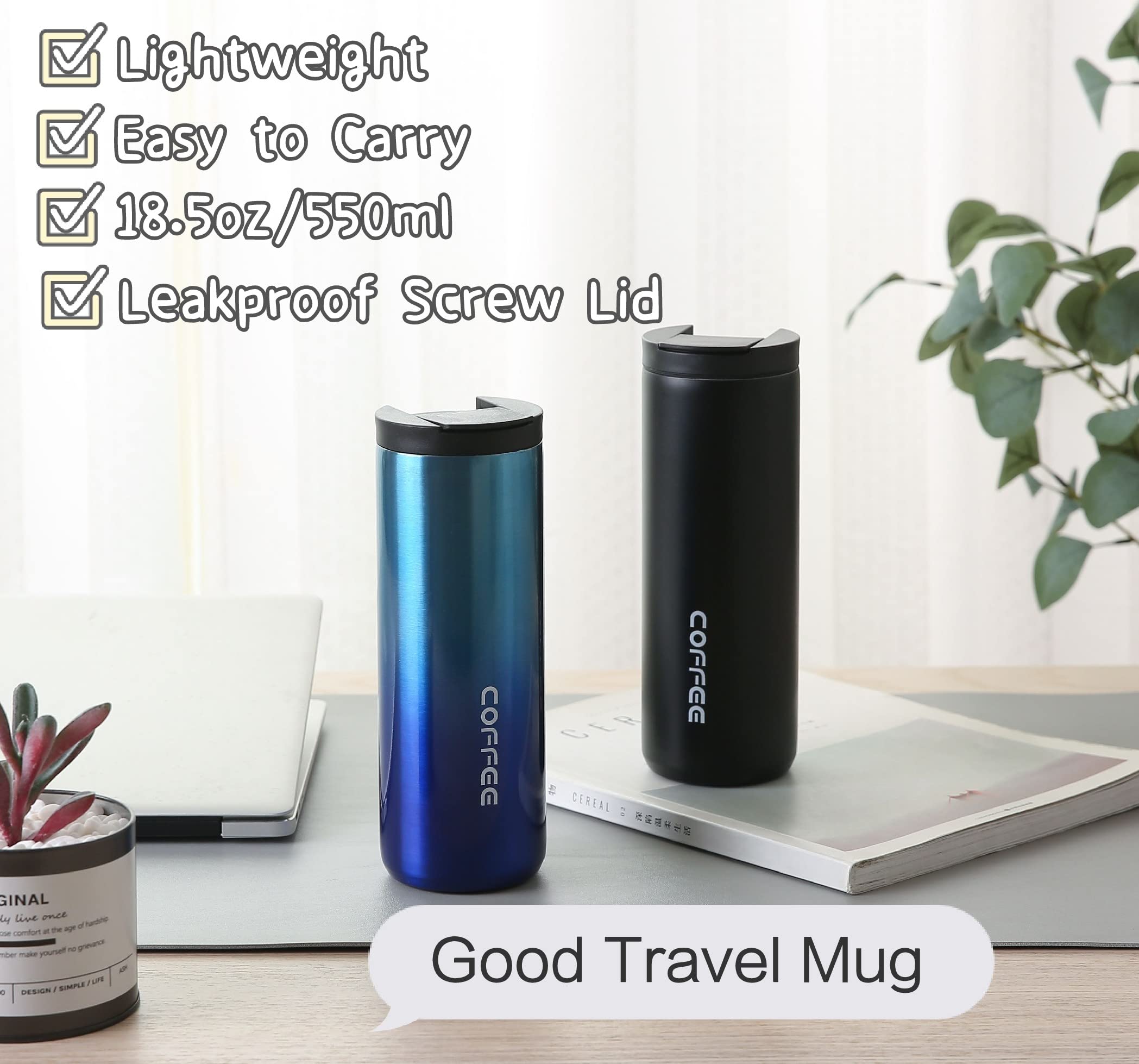 Premium Stainless Steel Insulated Coffee Mug - 18.5oz (550ml) Double Wall Vacuum Travel Tumbler with Leakproof Screw Lid - Keeps Hot/Cold for Hours - Perfect for Commuting, Camping & Office Use (Blue)