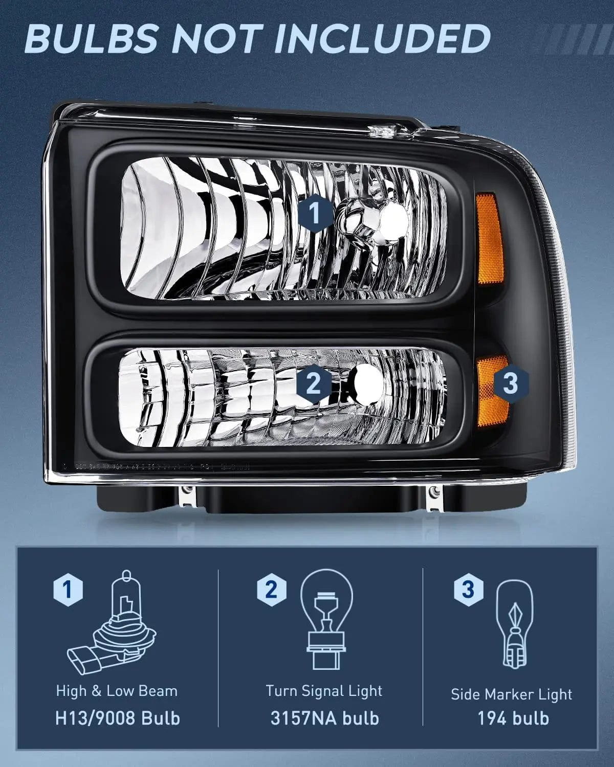 2005-2007 Ford F250 F350 F450 F550 Headlight Assembly - Black Housing with Amber Reflector - Replacement for Foggy or Broken Headlights - Perfect for Off-Roading & Night Driving