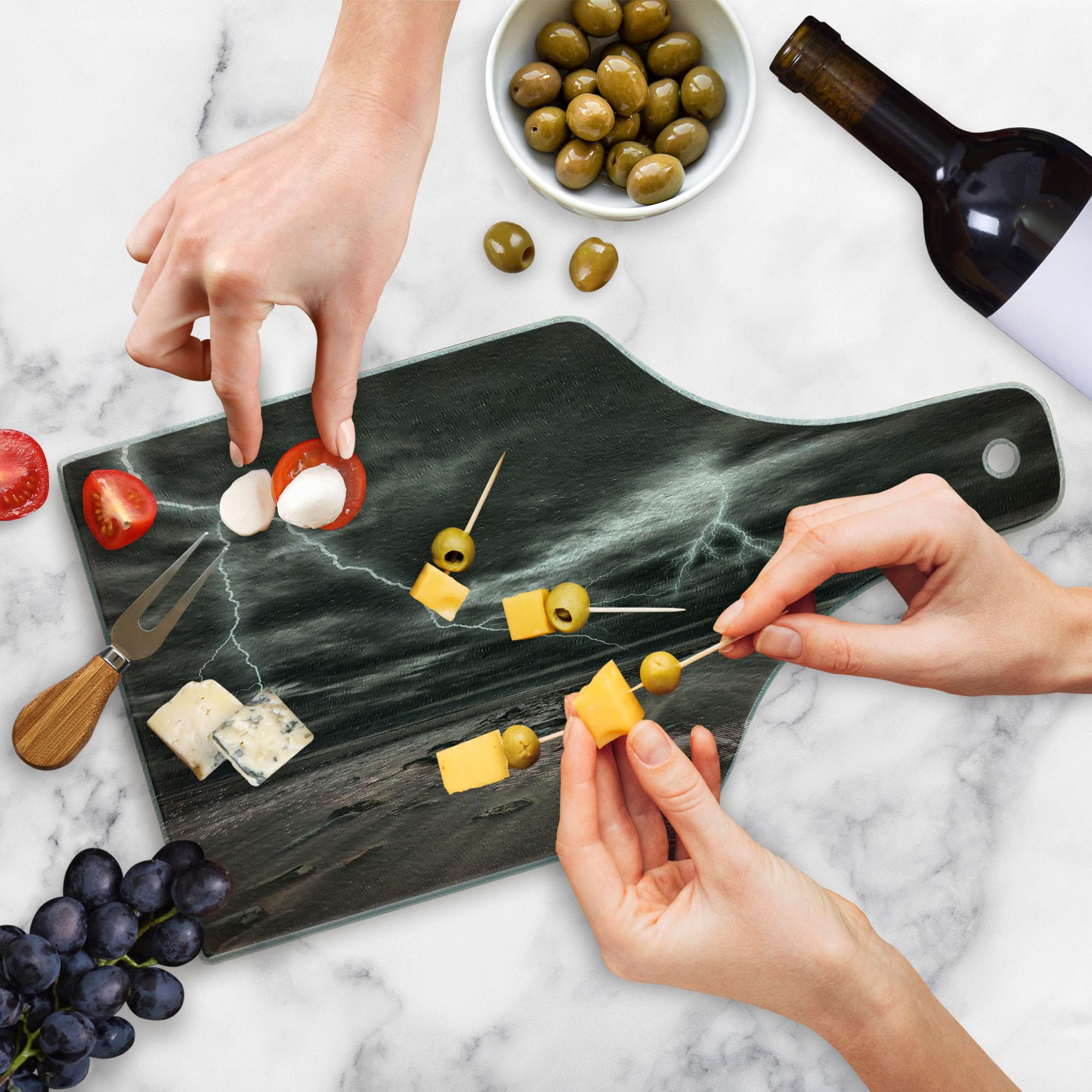 Ambesonne Thunderstorm Beach Tempered Glass Cutting Board - Wine Bottle Shape, Grey Brown - Durable Decorative Serving Board for Kitchen, Dining & Entertaining