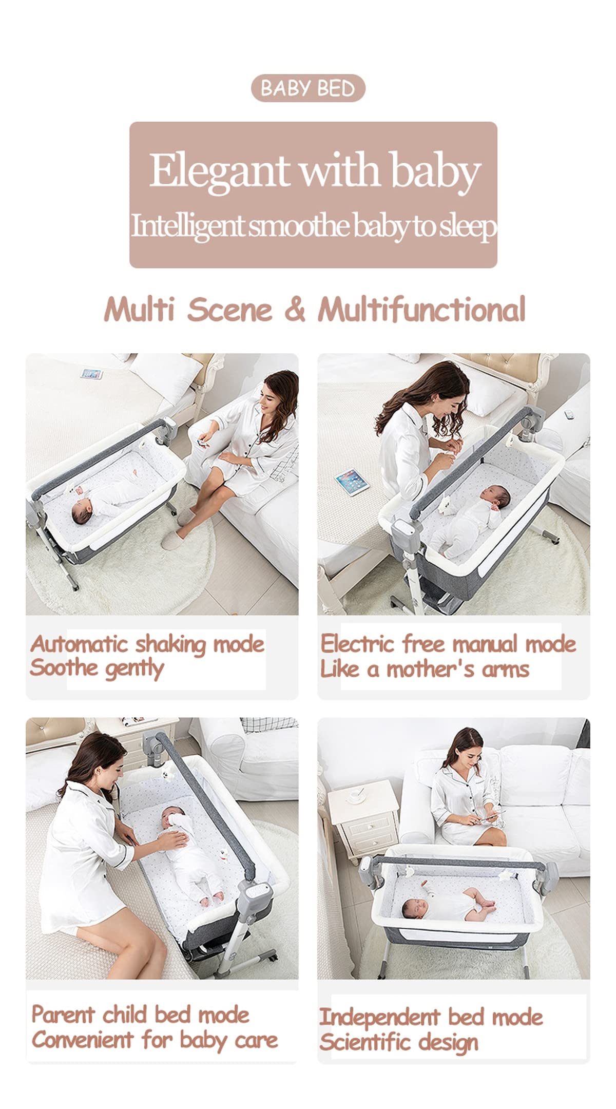Electric Bassinet for Co-Sleeping - Convertible Baby Bedside Crib with Bluetooth 5, 5 Swaying Gears & Remote Control | Foldable Infant Bedside Sleeper & Toddler Cradle | Safe Nursery Sleeping Solution for Newborns & Babies (601 Khaki) | Perfect for Bedroom, Nursery & Travel Use