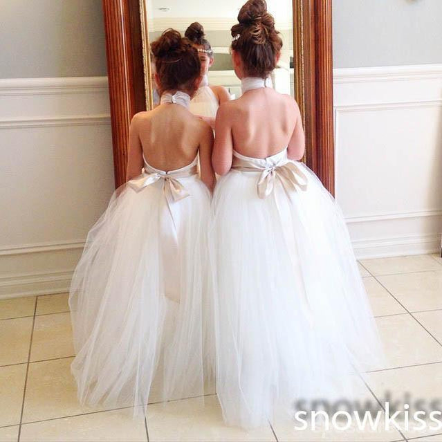 Cute Halter Tulle Fluffy Backless Flower Girl Dress with Belt - FG007 | Perfect for Weddings, Pageants & Special Occasions