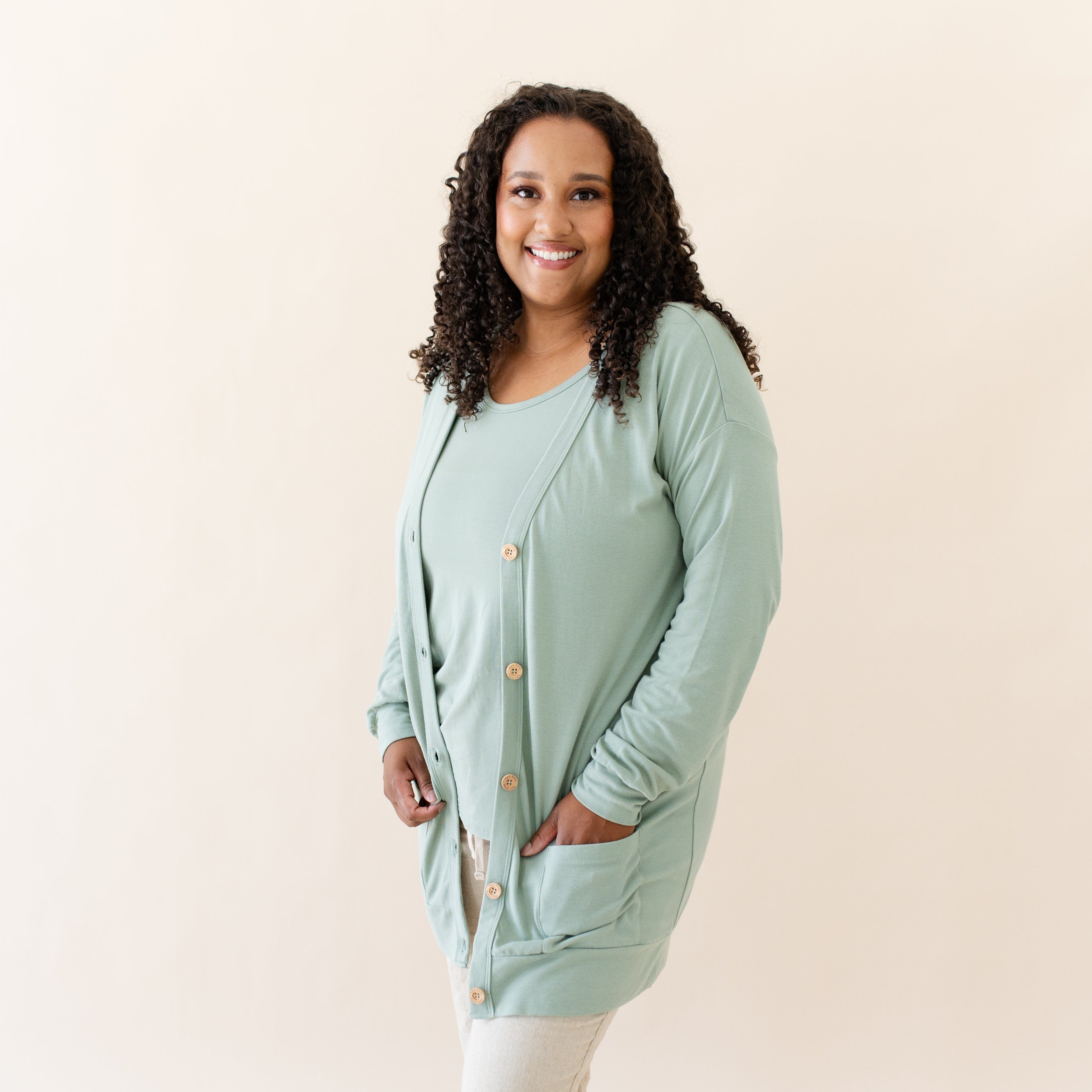 Soft & Cozy Bamboo Jersey Adult Cardigan - Thyme Green Lightweight Sweater for Women & Men | Perfect for Lounge Wear, Casual Outfits & Layering in Fall/Winter