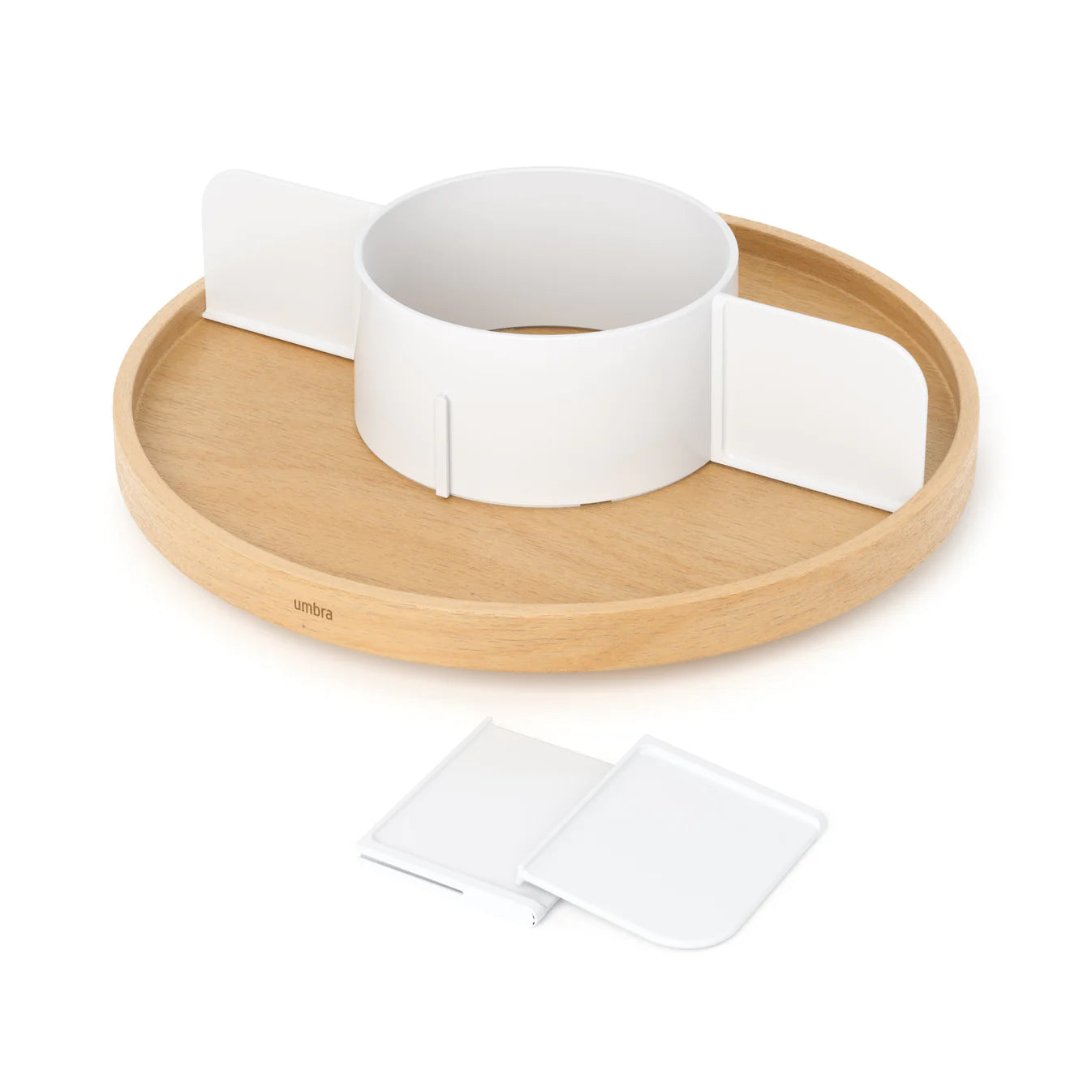 Bellwood 12-Inch Lazy Susan Turntable with 4 Divider Sections - White/Natural Wooden Rotating Serving Tray for Dining Table, Kitchen Countertop, or Pantry Organization