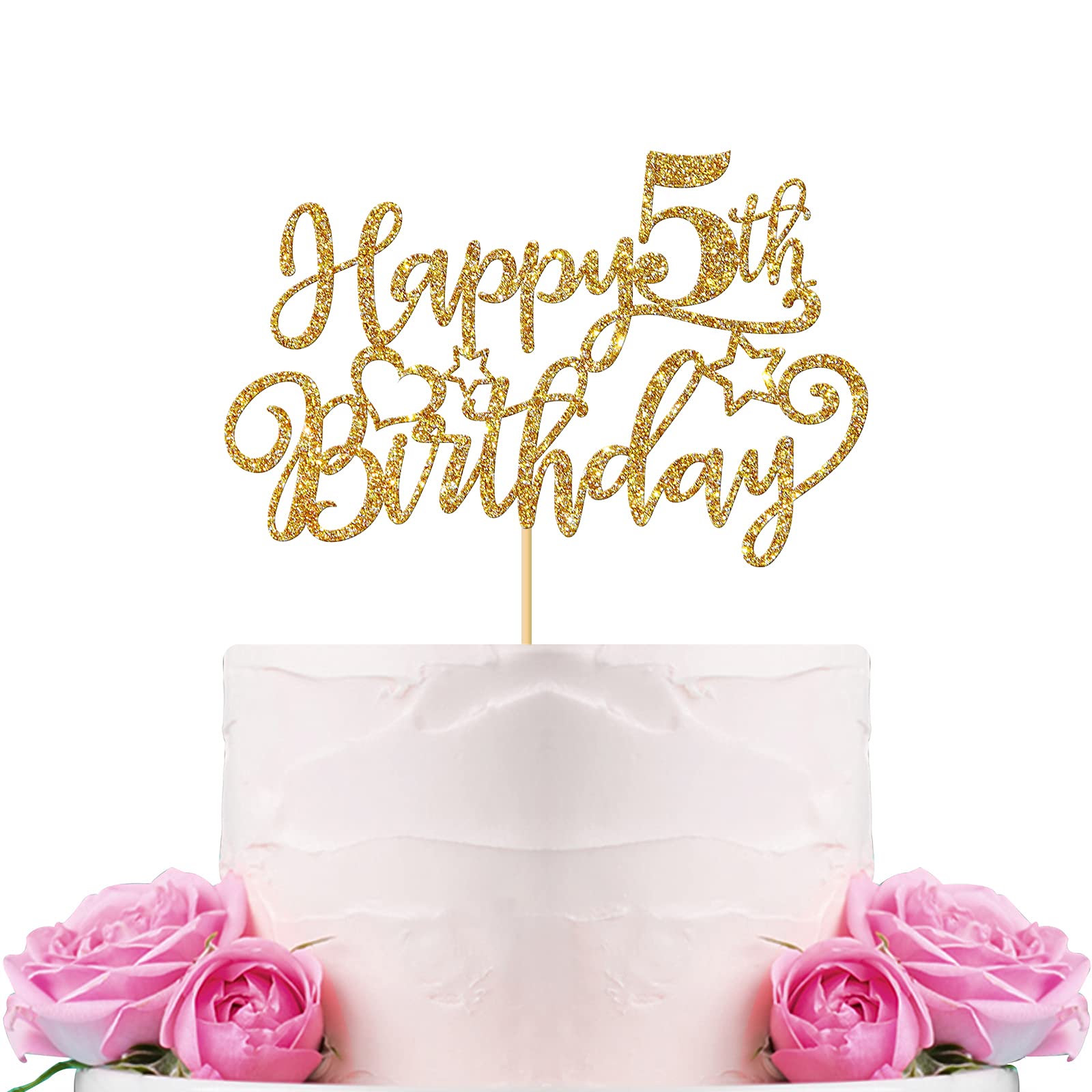 Happy 5th Birthday Cake Topper - Gold Glitter 'Five Years Old' Decorations for Boys & Girls - Perfect for Kids Birthday Parties, Cake Decorations & Celebrations