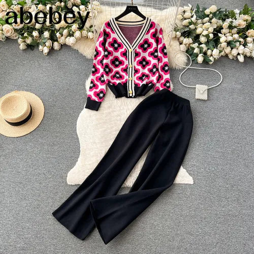 Floral Knit Cardigan and Wide Leg Pants Set for Women - Single Breasted Button Hollow Out Sweater with Solid Color Autumn Outfit | Casual Office Wear, Fall Fashion, Date Night Ensemble