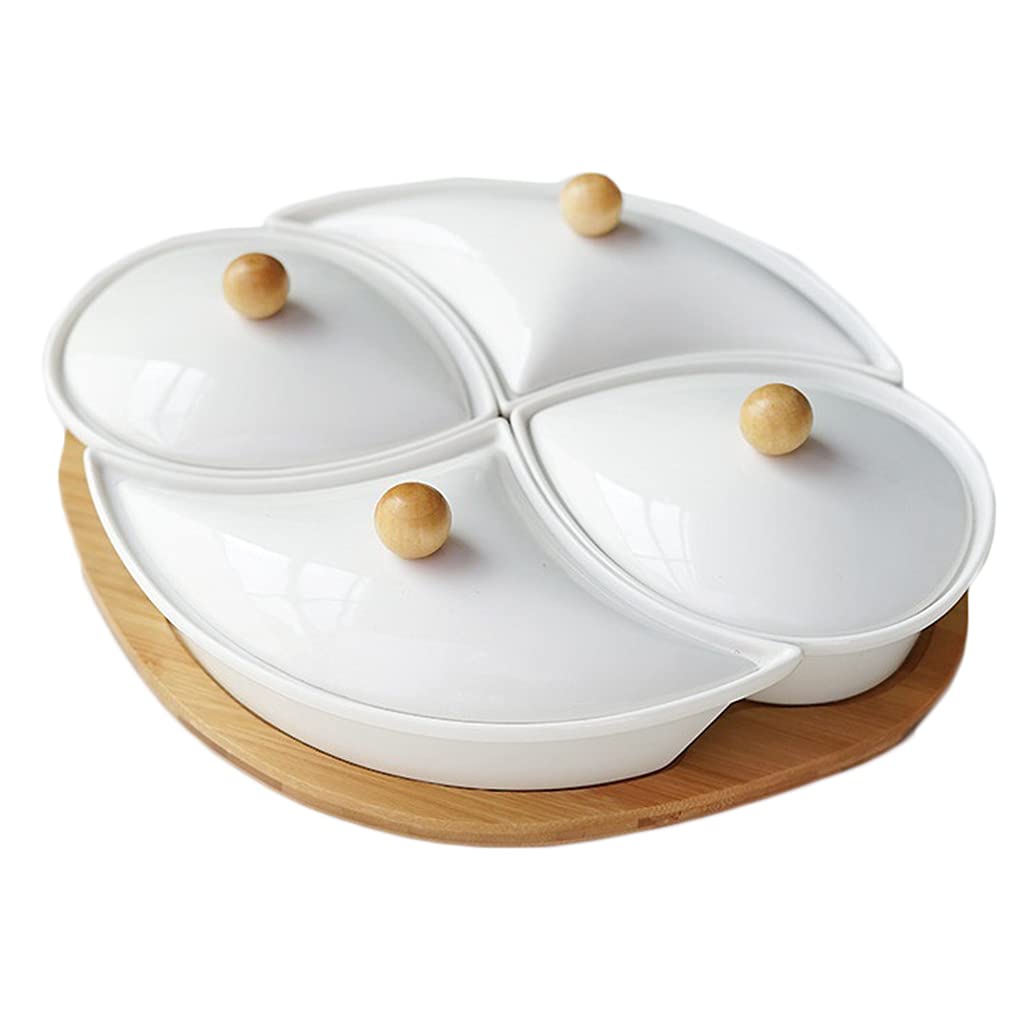 4-Piece Ceramic Condiment Dish Set with Lid - Nut, Dry Fruit & Snack Serving Platter - White Appetizer Tray (28.5x23x5.5cm) - Perfect for Parties, Entertaining & Kitchen Organization