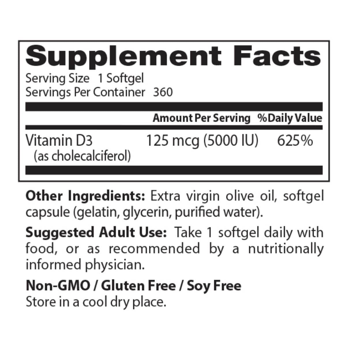 Doctor's Best High Potency Vitamin D3 125mcg (5,000 IU) - 360 Softgels for Immune Support & Bone Health - Daily Supplement for Adults & Seniors