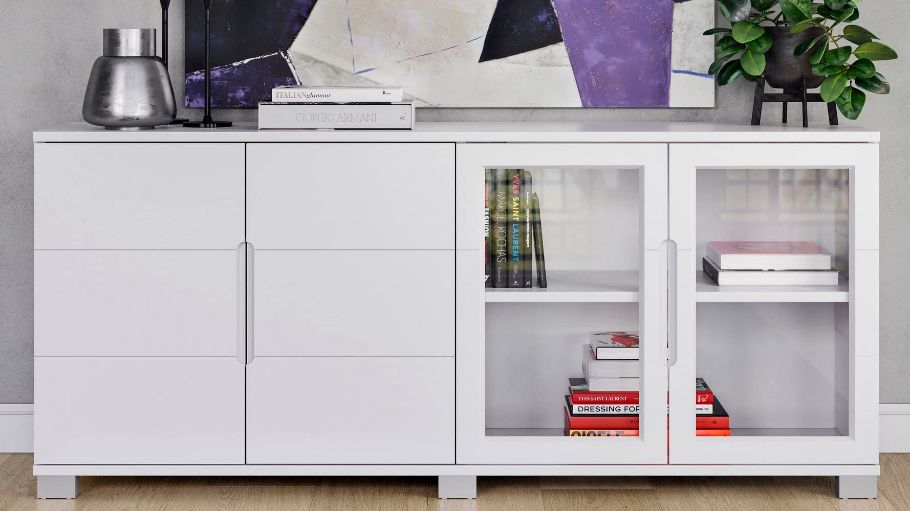 ZURI Hayes Modern White Cabinet with Glass Doors - Stylish Storage for Living Room, Bedroom & Office