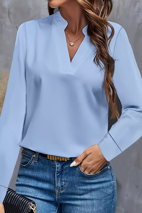 Solid Color Loose V-Neck Long Sleeve Casual Shirt for Women - Comfortable Everyday Wear, Office Outfits & Weekend Style