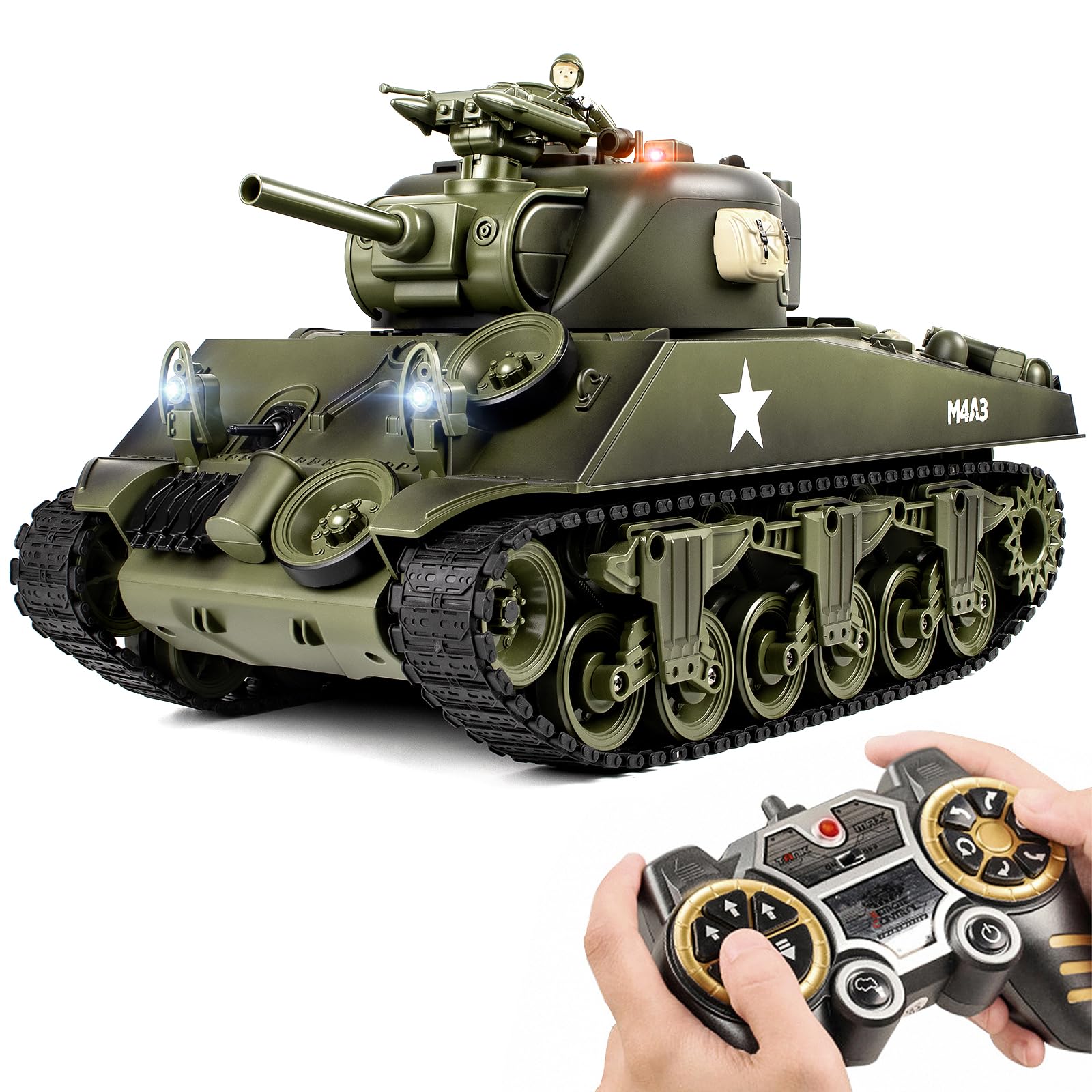 1/18 Scale RC Sherman M4A3 Tank - 2.4GHz Remote Control Military Toy with Realistic Sound, Smoke, BBS Bullets, Water Bombs & Recoil Effect - Collectible Army Tank for Adults & Kids - Perfect for Battle Reenactments, Outdoor Play & Display