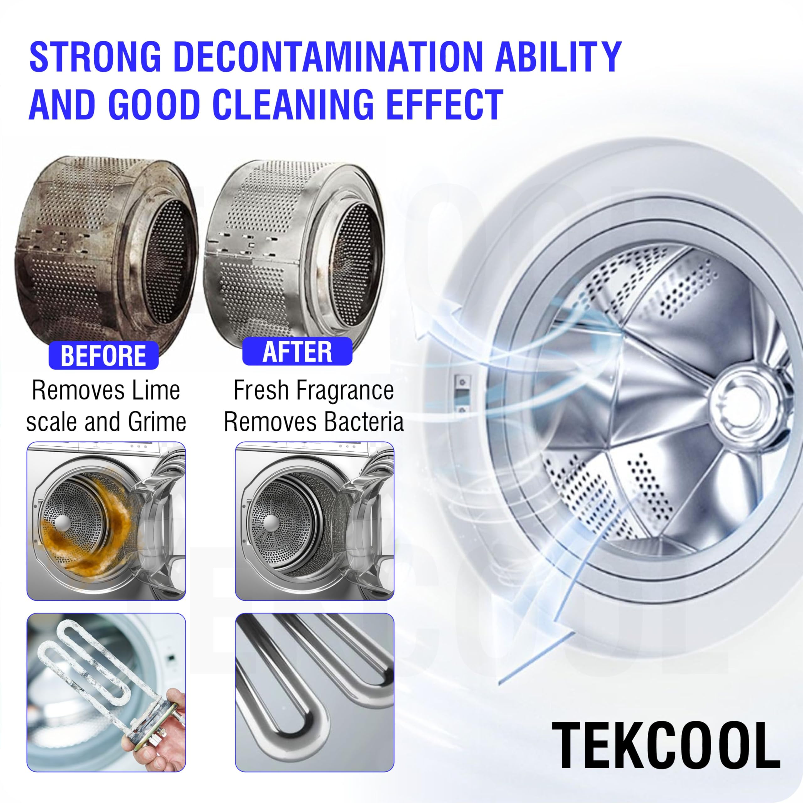 TEKCOOL Washing Machine Cleaner & Descaler - Front Load & Top Load Washer Cleaning Powder, Descaling Treatment (6-Pack, Blue) - Removes Odors, Limescale & Residue for Fresh, Efficient Laundry