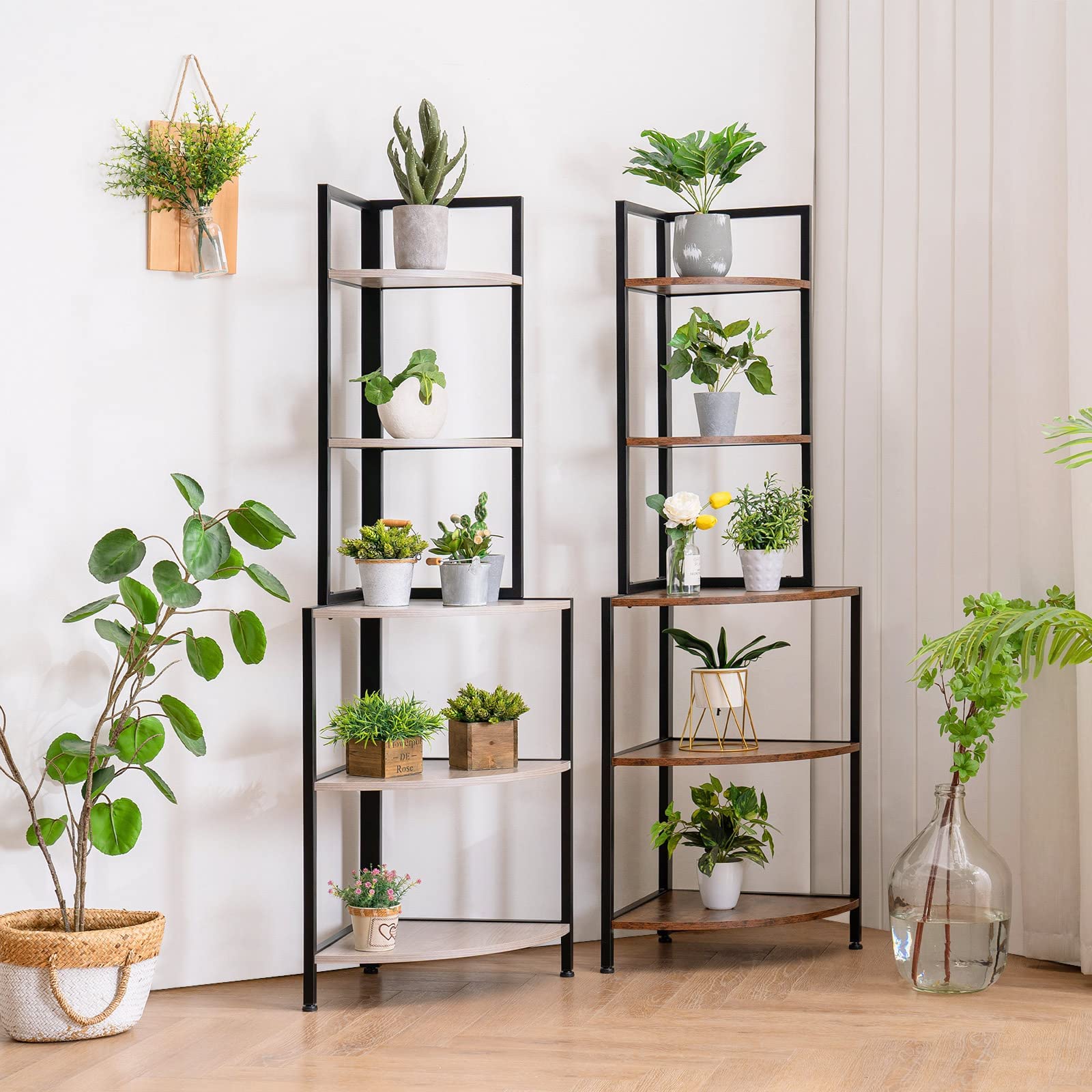 Apicizon 5-Tier Industrial Corner Bookshelf - Metal Frame Rustic Storage Shelf for Home Office, Kitchen & Small Spaces | Display Plants, Flowers & Books | Durable Grey Corner Shelving Unit for Living Room, Bedroom & Workspace
