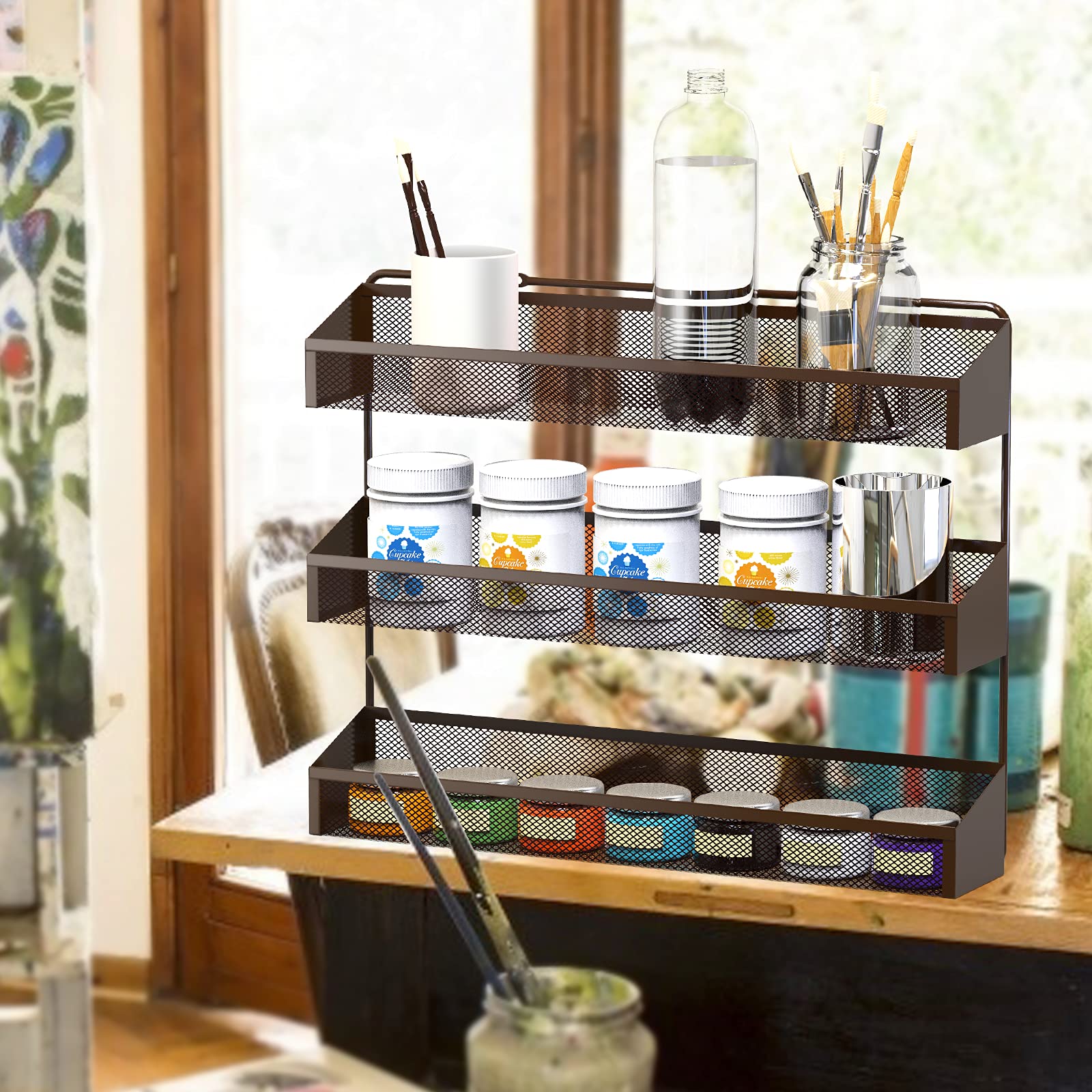 2 Pack AULEDIO 3-Tier Spice Rack Organizer - Countertop or Wall Mounted Kitchen Cabinet Storage Shelf for Spices, Cosmetics & Bathroom Essentials - Bronze Finish | Perfect for Pantry, Cupboard & Shower Organization