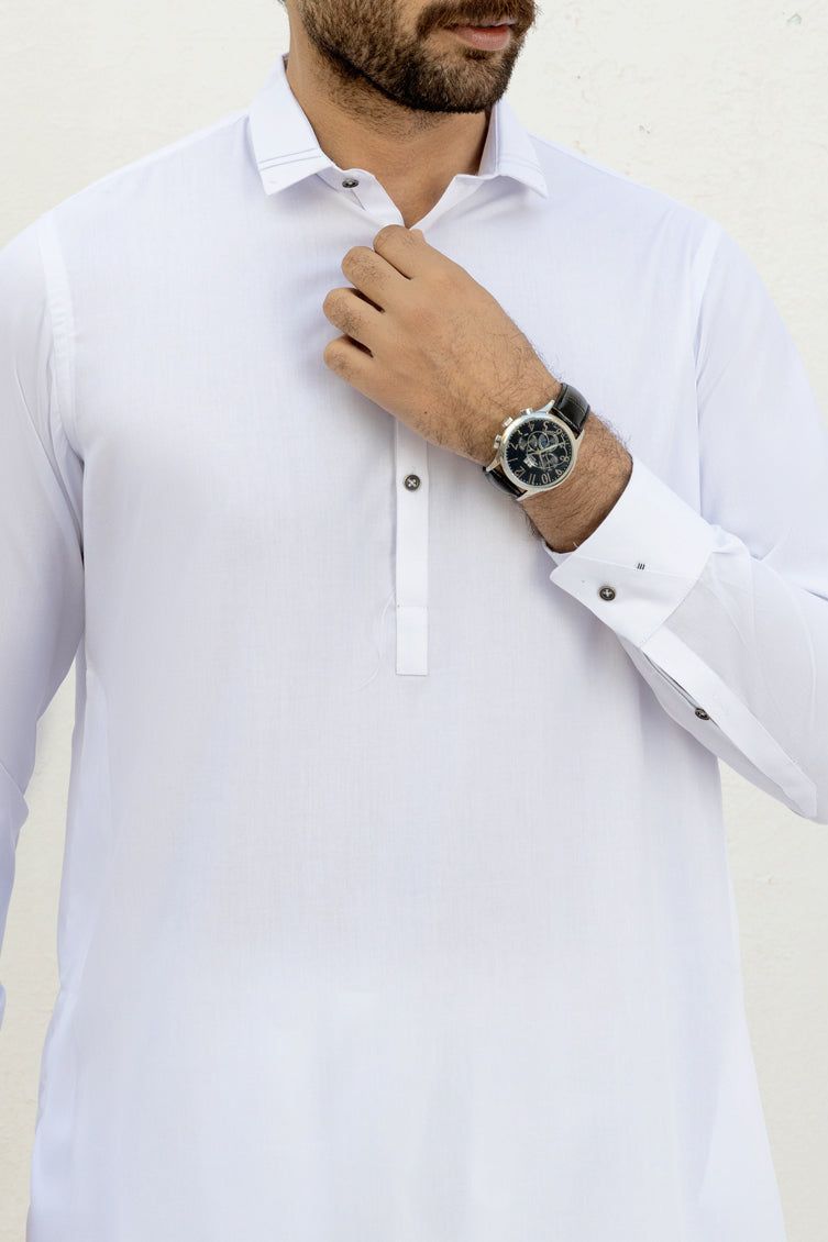 Premium Blended White Kameez Shalwar by J. Junaid Jamshed - Traditional Pakistani Outfit for Men - Perfect for Eid, Weddings & Special Occasions