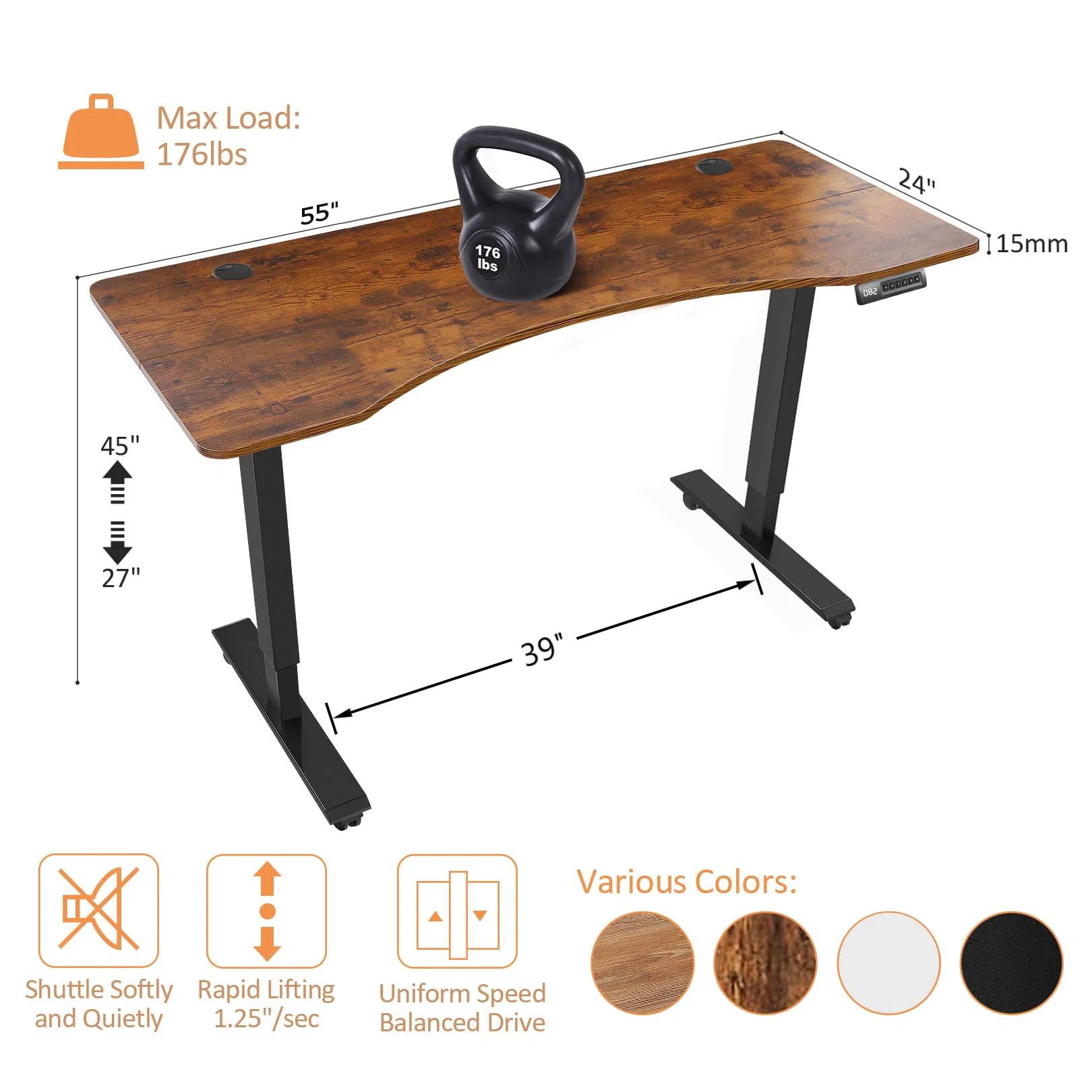 55 x 24 Inches Adjustable Height Electric Standing Desk - Ergonomic Sit Stand Desk with Memory Preset & Headphone Hook for Home Office (Black Frame/Brown Top) | Perfect for Remote Work, Gaming Setup & Small Workspaces