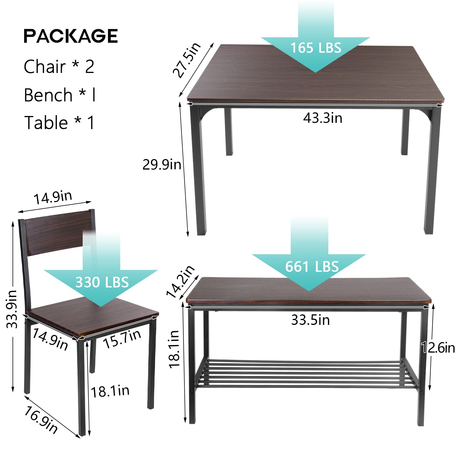 DLandHome 4-Piece Rustic Oak Dining Table Set with 2 Chairs & 2 Benches - Space-Saving Rectangular Kitchen Table for Small Homes & Apartments - Perfect for Family Dinners, Breakfast Nooks & Compact Dining Spaces