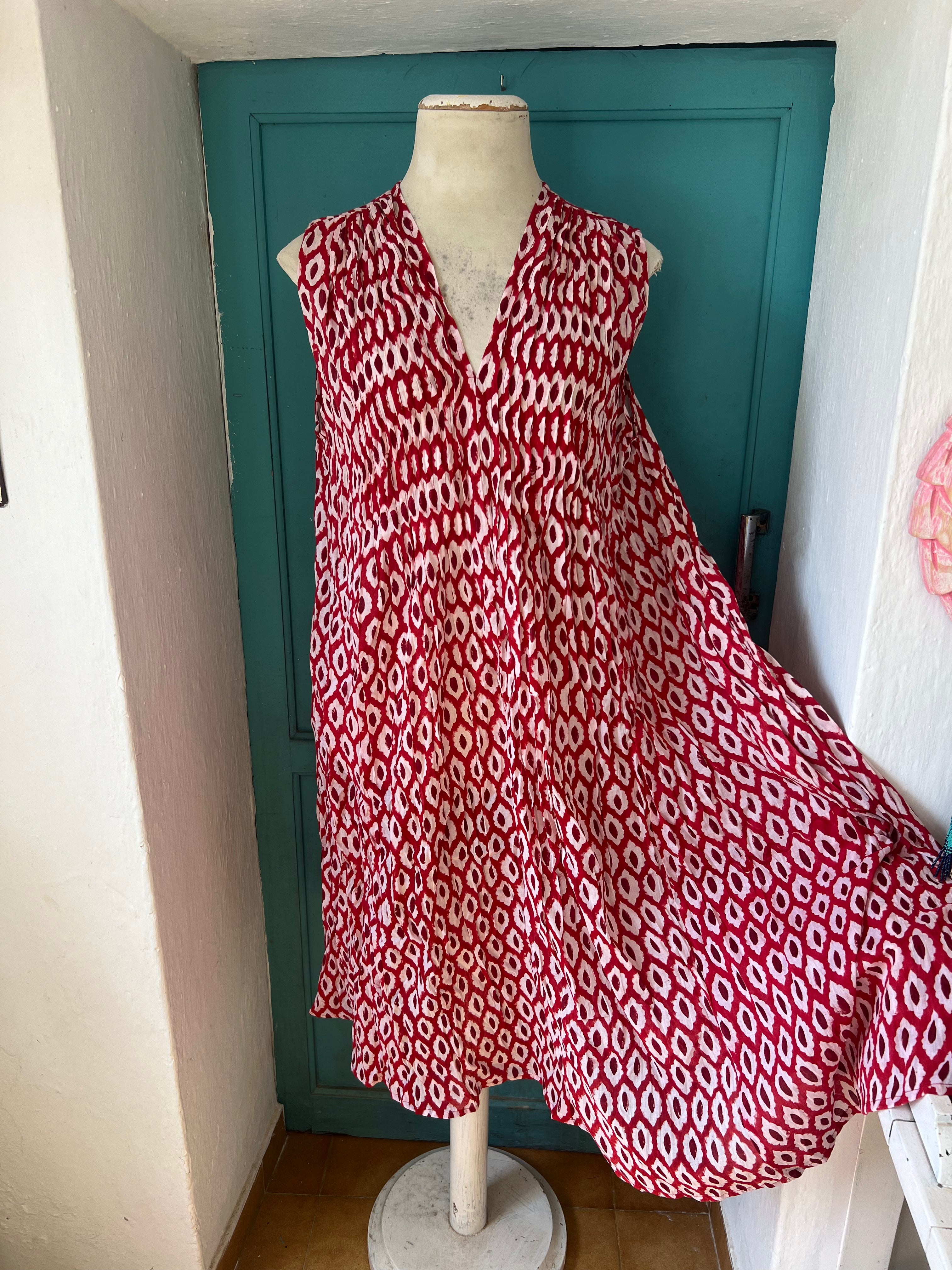 Stylish Red Cotton Mid-Length Pleated Dress for Women - Perfect for Casual Outings, Summer Parties & Office Wear