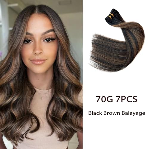 #1BT6P1B Balayage Black Hair Mixed Brown Highlights