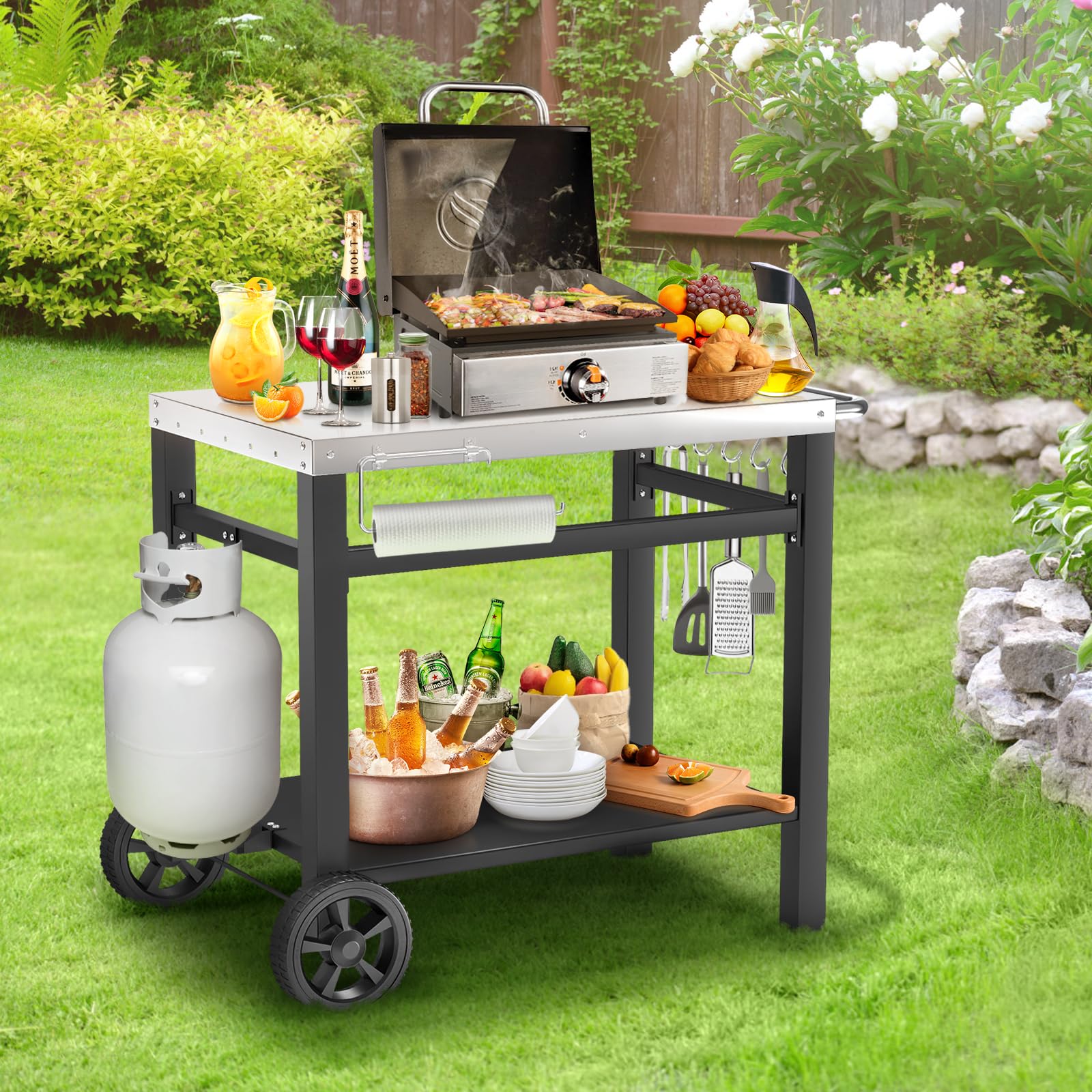 Portable Outdoor Grill Table Cart with Wheels - Heavy Duty Movable BBQ Prep Station, Pizza Oven Stand & Double Shelf Work Table - Perfect for Blackstone, Ninja, Ooni Grills - Ideal for Backyard Cooking, Tailgating & Outdoor Entertaining