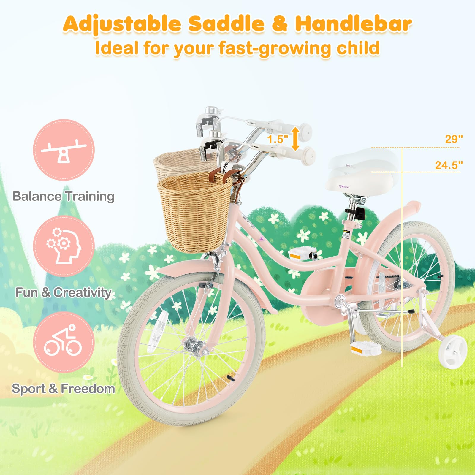 BABY JOY 14 16 18 Inch Kids Bike for Boys & Girls Ages 3-8 - Retro Children's Bicycle with Training Wheels, Adjustable Seat, Rattan Basket & Dual Brakes (Pink, Green, Blue) - Perfect for Neighborhood Rides, Park Adventures & Learning to Cycle