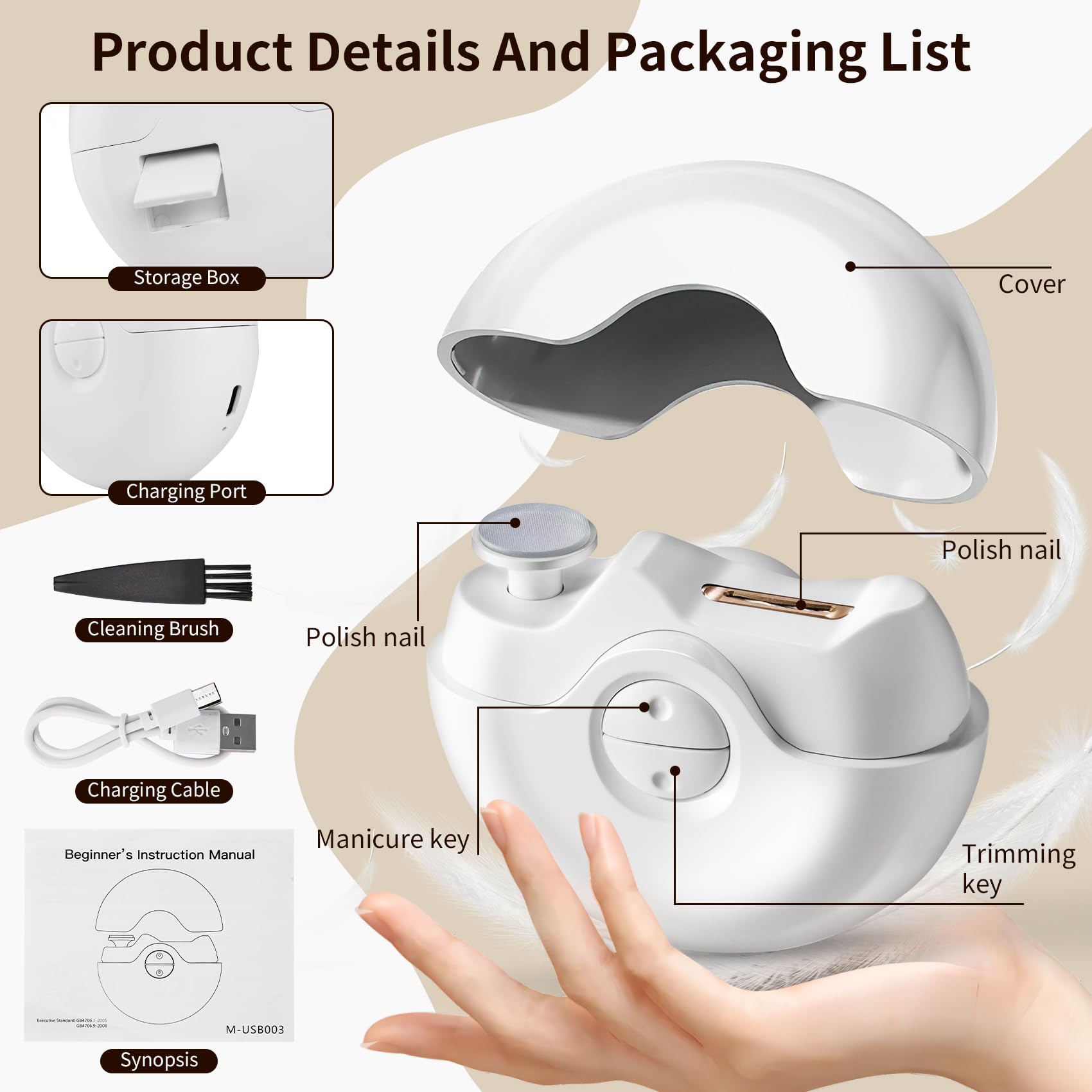 USB Rechargeable Electric Nail Clipper for Adults & Kids - Automatic Nail Trimmer with 2 Speed Settings, Nail Storage & LED Light | Safe for Babies, Seniors & Caregivers | Home, Travel & Salon Use (White)