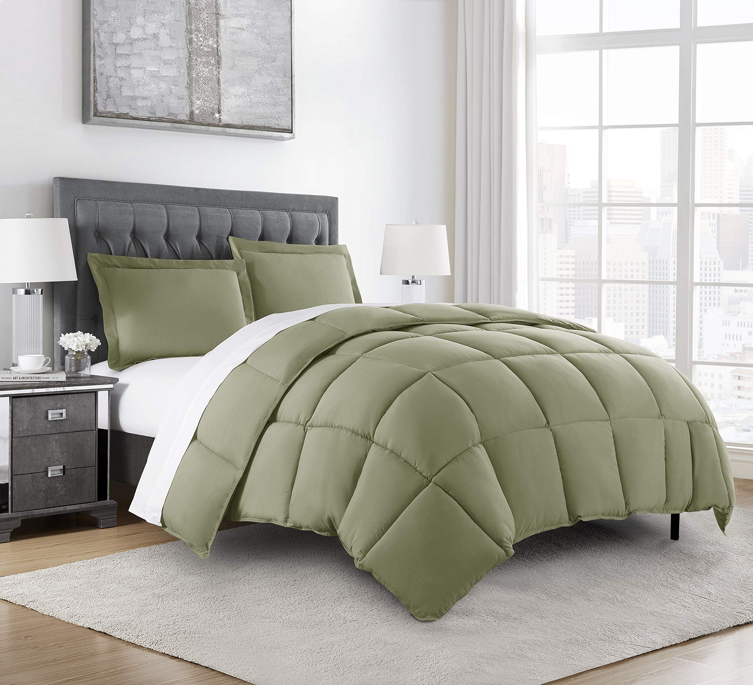 Premium 100% Cotton Oversized Queen Comforter Set - 500 GSM Ultra Soft & Fluffy Winter Blanket with Corner Tabs & Box Stitching (3-Piece Set with 2 Pillow Shams) | All-Season Warmth for Cozy Bedroom Decor in Sage Green