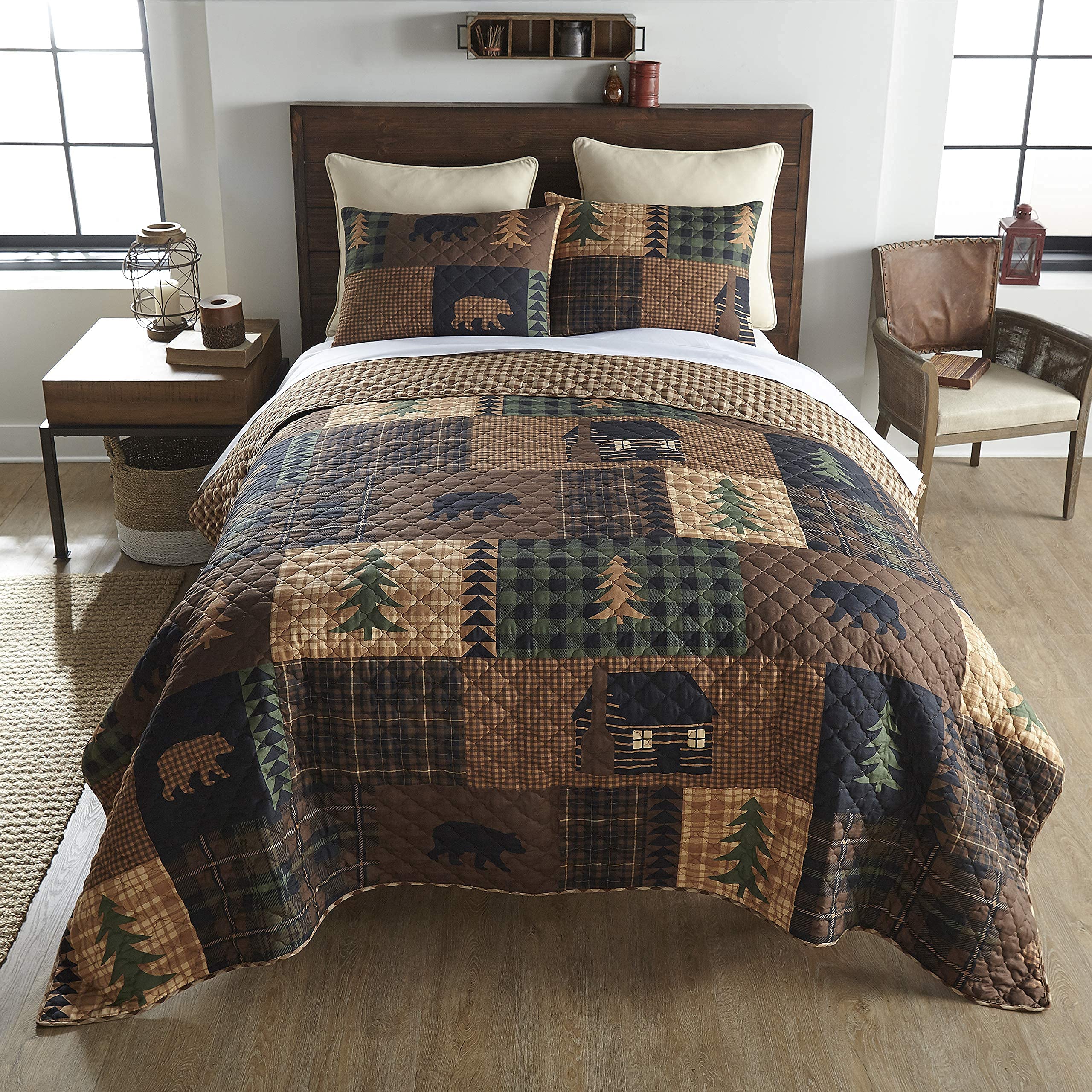 Brown Bear Lodge King Bedding Set - 3pc Quilt & Shams for Cabin Decor