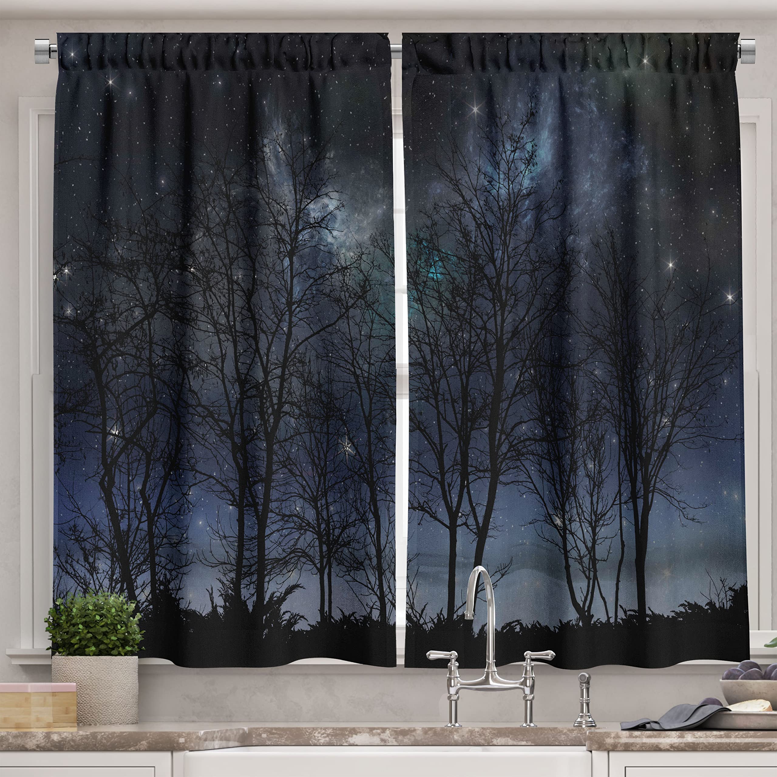 Ambesonne Night Sky Blackout Kitchen Curtains - Deep Forest Branches & Galaxy Stars Design, 55