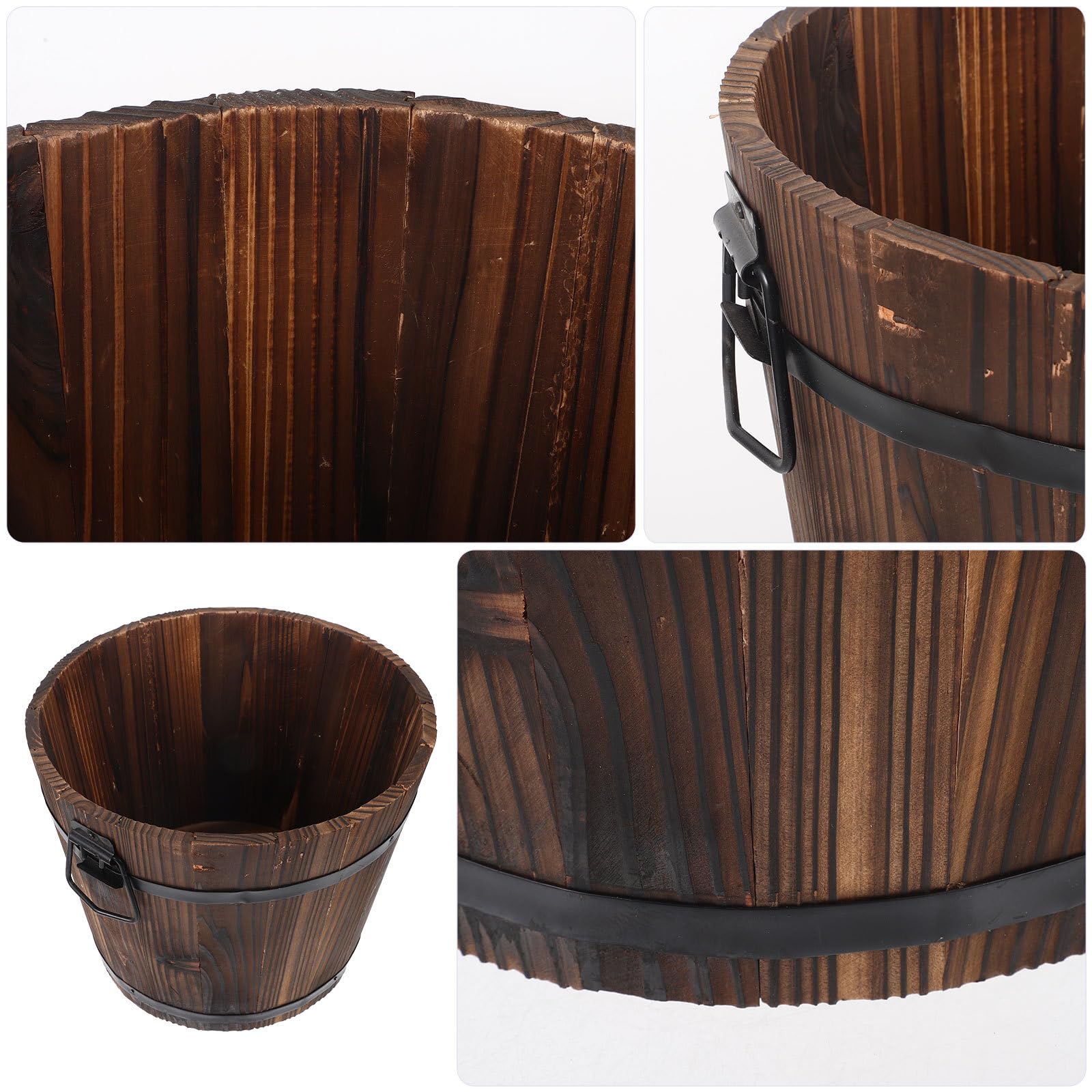 Rustic Wooden Flower Planter Barrel with Drainage Holes & Handles - 11.8 x 9.1 Inch Decorative Garden Bucket for Patio, Backyard, and Indoor Plants - Perfect for Flowers, Succulents, and Herbs