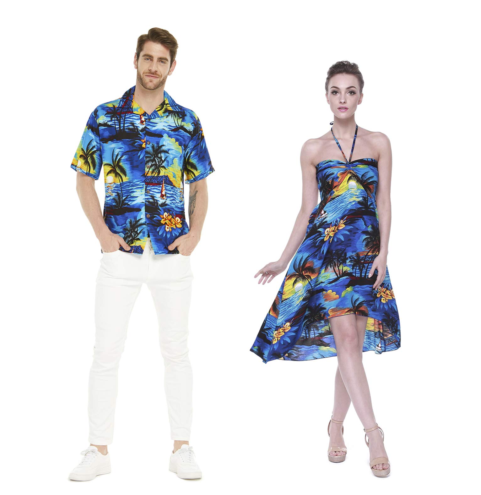 **Couple Matching Hawaiian Luau Party Outfit Set - Tropical Sunset Blue Shirt & Dress for Beach Vacation, Summer Party, and Theme Events**