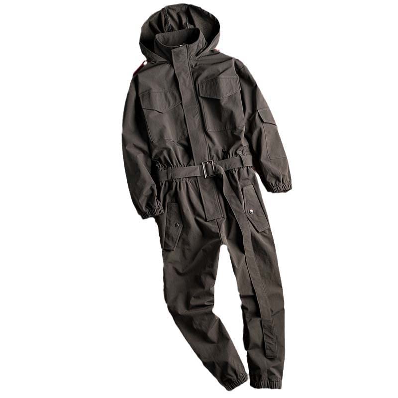 MQMYJSP Men's Korean Hip Hop Cargo Jumpsuit - Stylish Multi-Pocket Work Romper with Sash Detail | Urban Streetwear, Casual Outfit & Festival Fashion
