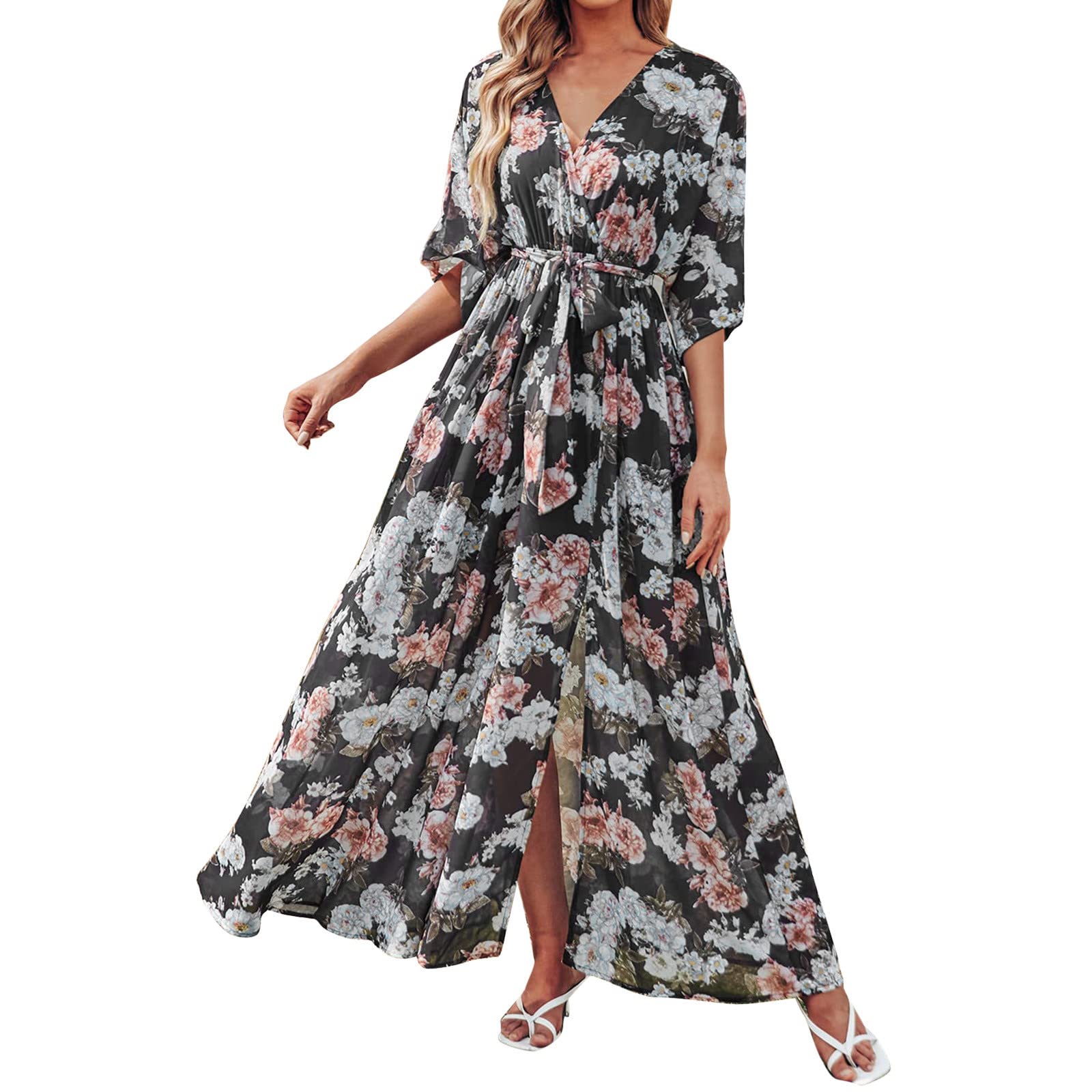 Women's Summer Dresses 2022 - Casual Half Sleeve Boho Printed V-Neck Belted Dress with Side Slit | Perfect for Beach Vacations, Outdoor Parties & Date Nights