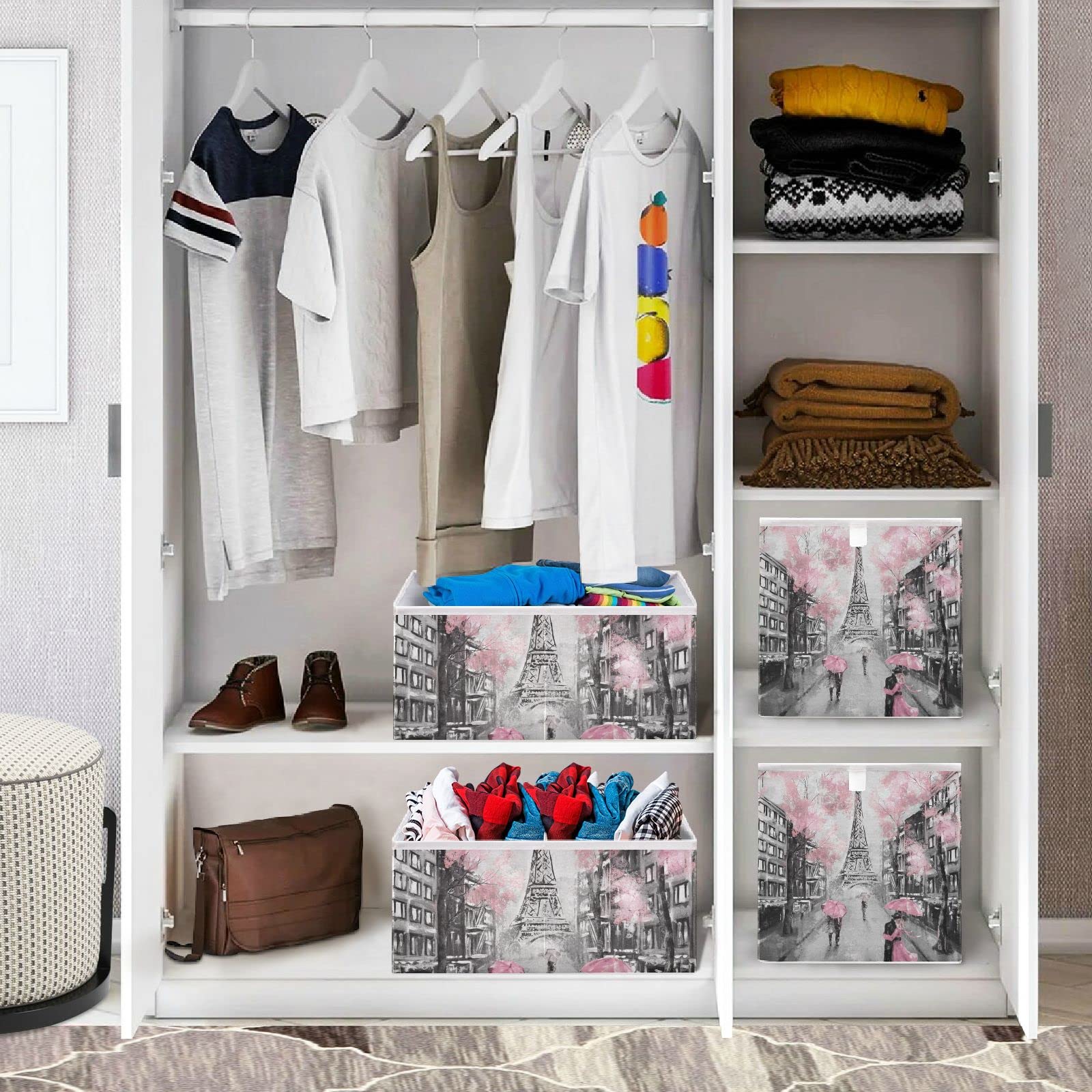 Foldable Pink Paris Tower Storage Basket - 15.8 x 10.6 x 7 Inch Cube Organizer Bin for Home Decor, Toys, Books, Shelves, Closet & Laundry | Perfect for Nursery, Bedroom & Office Organization