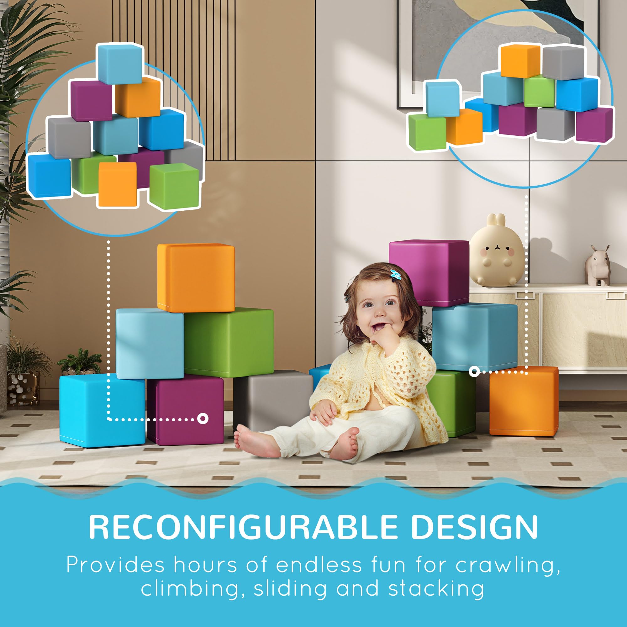 Soozier 12-Piece Soft Foam Blocks Set - Safe Toddler Climbing Toys & Preschool Learning Equipment for Kids | Indoor Playroom, Daycare & Home Activity Gyms