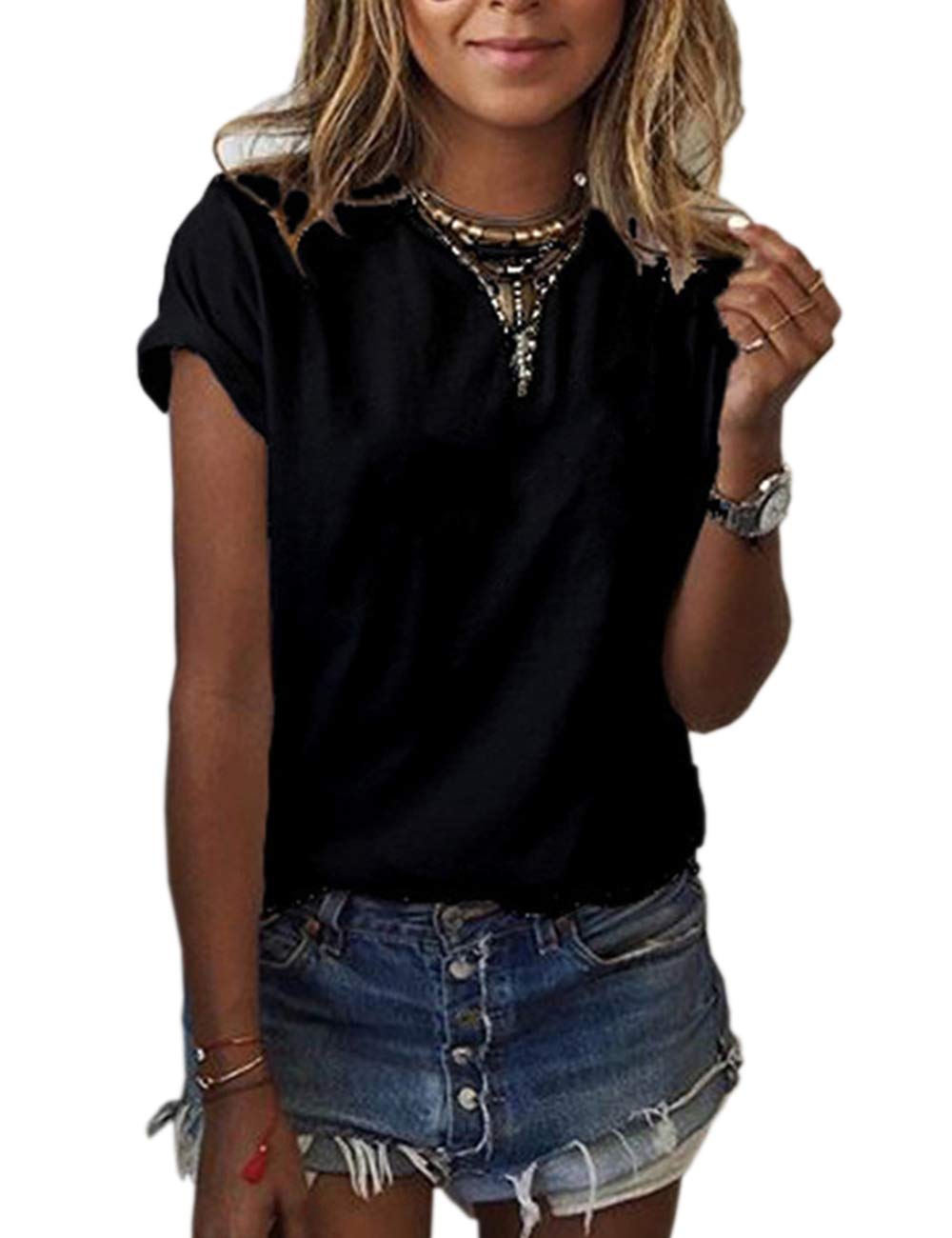 xxxiticat Women's Summer Short Sleeve Cotton T-Shirt - Soft Stretch Fitted Casual Top for Everyday Wear | Solid Color Basic Tee for Work, Travel & Outings