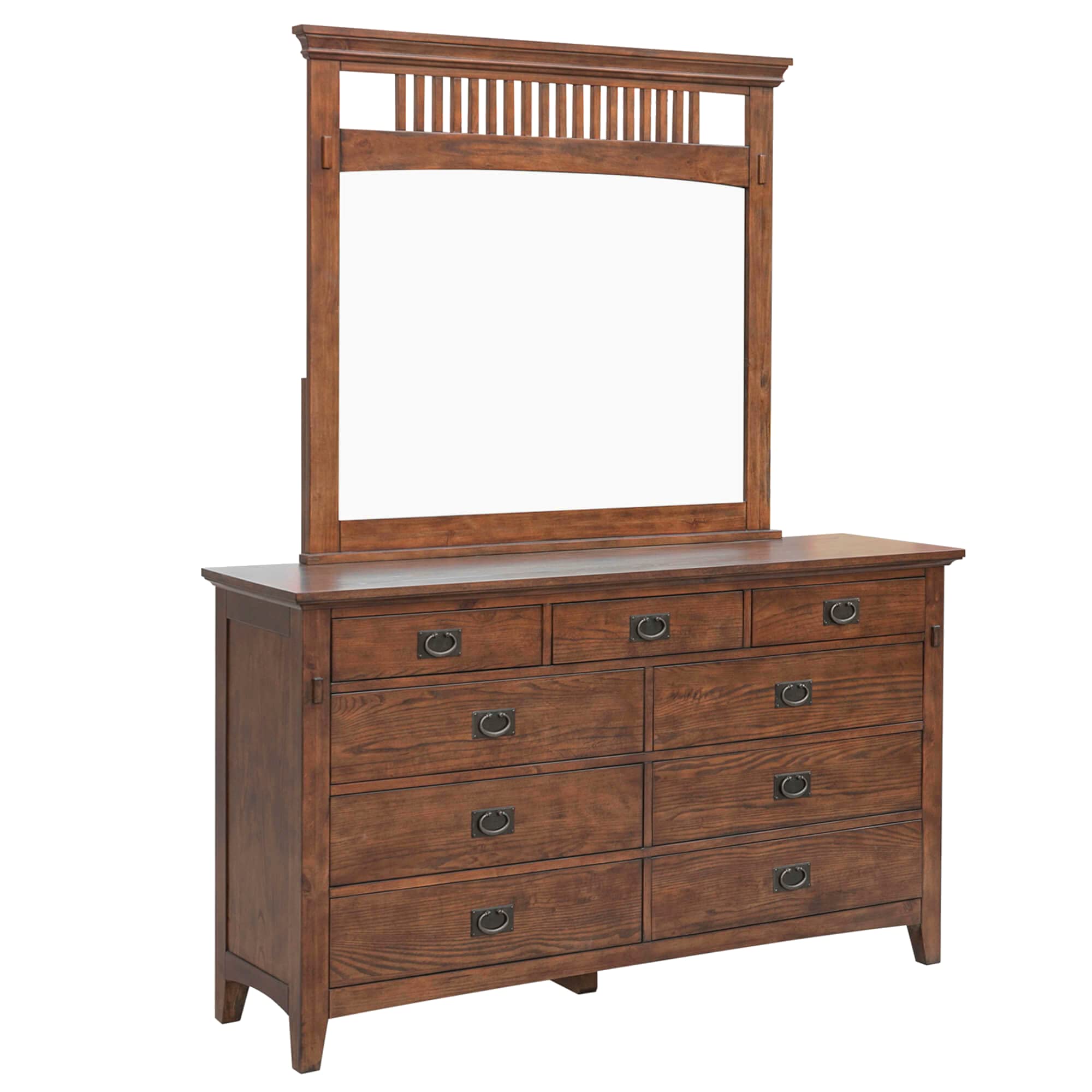 Amish Brown Solid Wood 9-Drawer Dresser with Mirror - Mission Bay Bedroom Vanity & Chest of Drawers for Master Bedroom or Guest Room Furniture