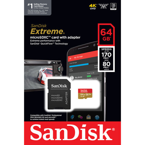 SanDisk 64GB Extreme UHS-I microSDXC Memory Card with Adapter - 80MB/s Read Speed, A1, V30, 4K UHD - Perfect for GoPro, Drone, Smartphone & Action Camera Storage