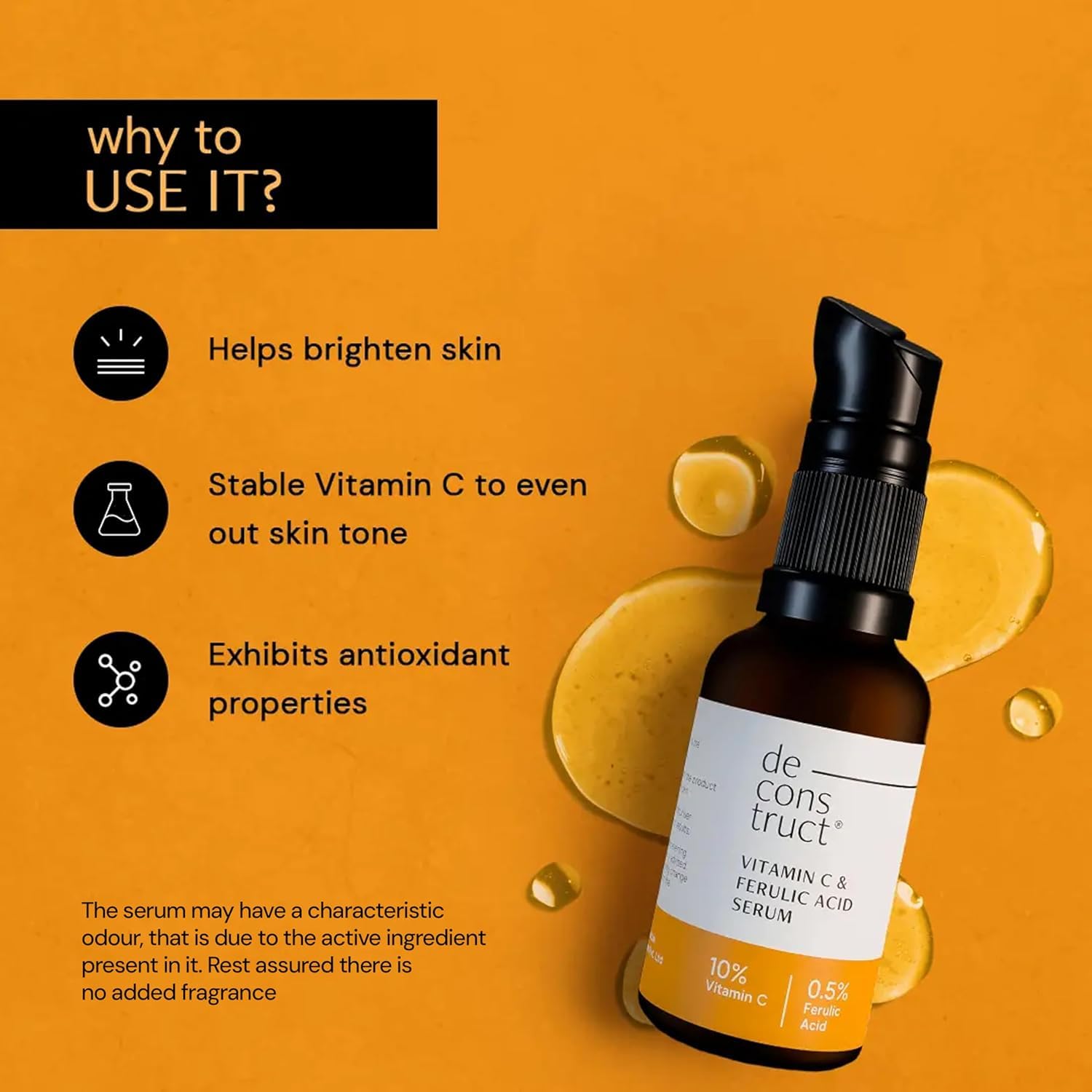 De'construct 10% Vitamin C Face Serum for Glowing Skin | Non-Irritating Formula with 0.5% Ferulic Acid | Water-Based Brightening Serum for Women & Men | 1.014 Fl Oz | Perfect for Daily Skincare Routine & Anti-Aging Treatment