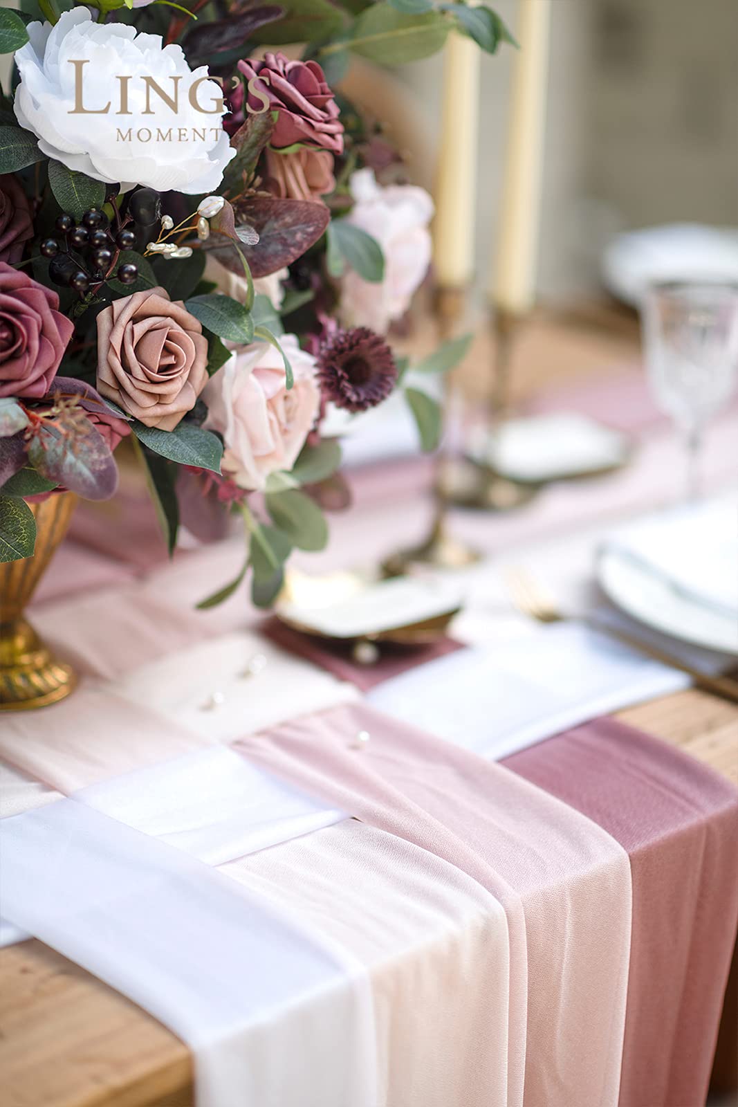 Ling's Moment 10ft Dusty Rose Weave Chiffon Wedding Table Runner with Silver Sparkle - Set of 8 Blush Pink Table Runners for Sweetheart Table, Bridal Shower, Anniversary & Romantic Dinner Decor